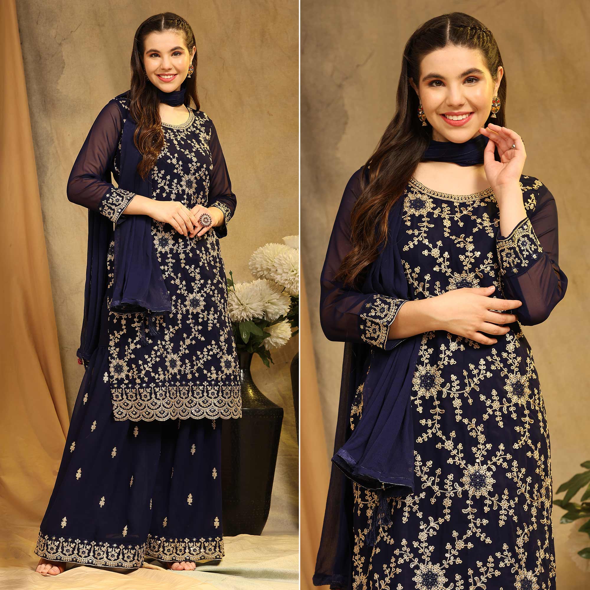 Blue Floral Embroidered Georgette Semi Stitched Suit