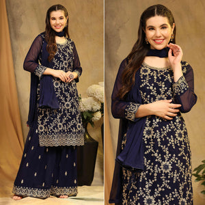 Blue Floral Embroidered Georgette Semi Stitched Suit
