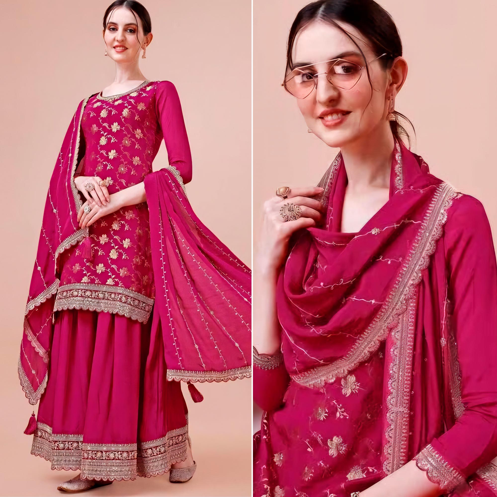 Rani Pink Floral Zari Woven Chinon Semi Stitched Dress Material