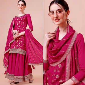 Rani Pink Floral Zari Woven Chinon Semi Stitched Dress Material