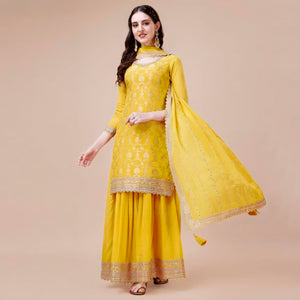 Yellow Floral Zari Woven Chinon Semi Stitched Dress Material