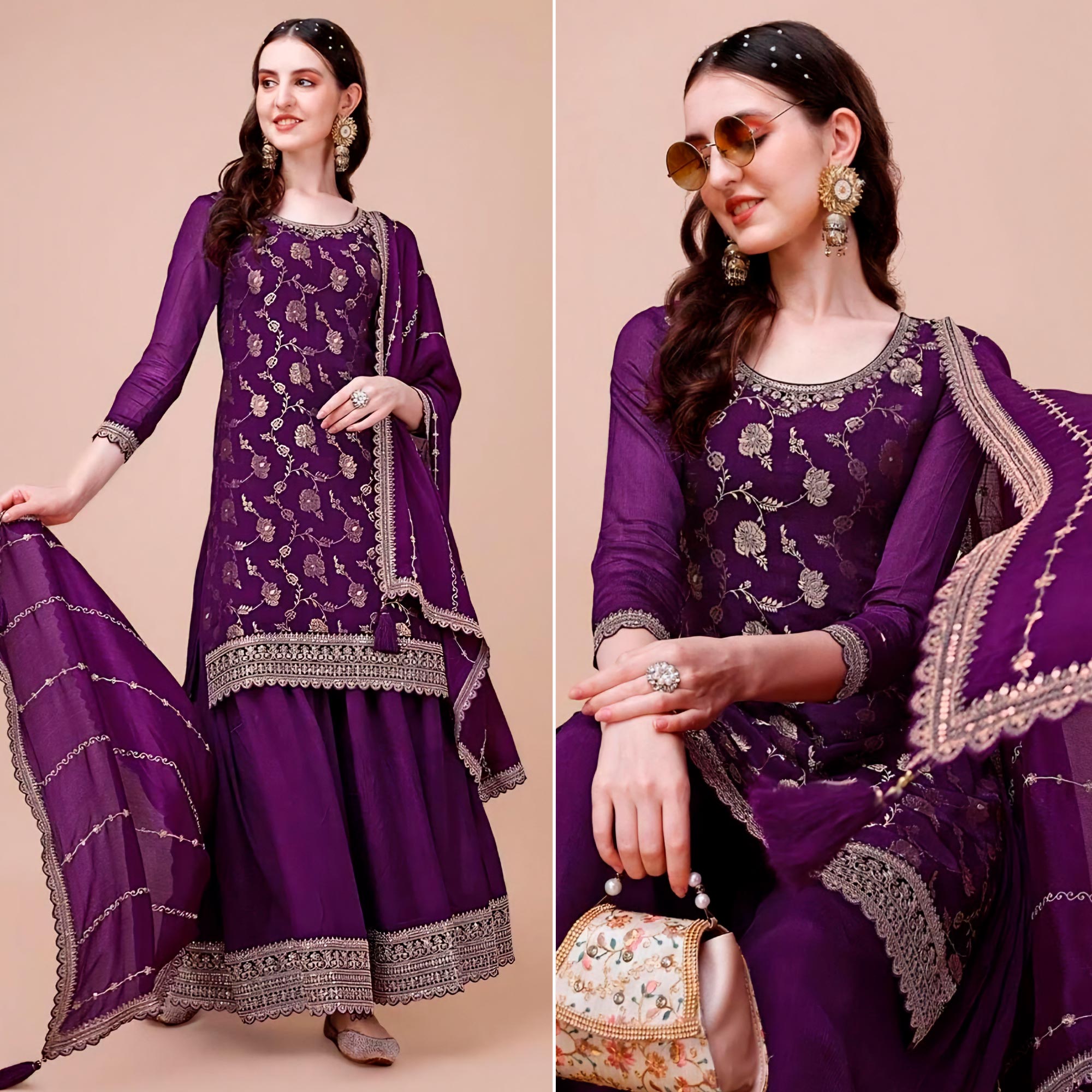 Purple Floral Zari Woven Chinon Semi Stitched Dress Material