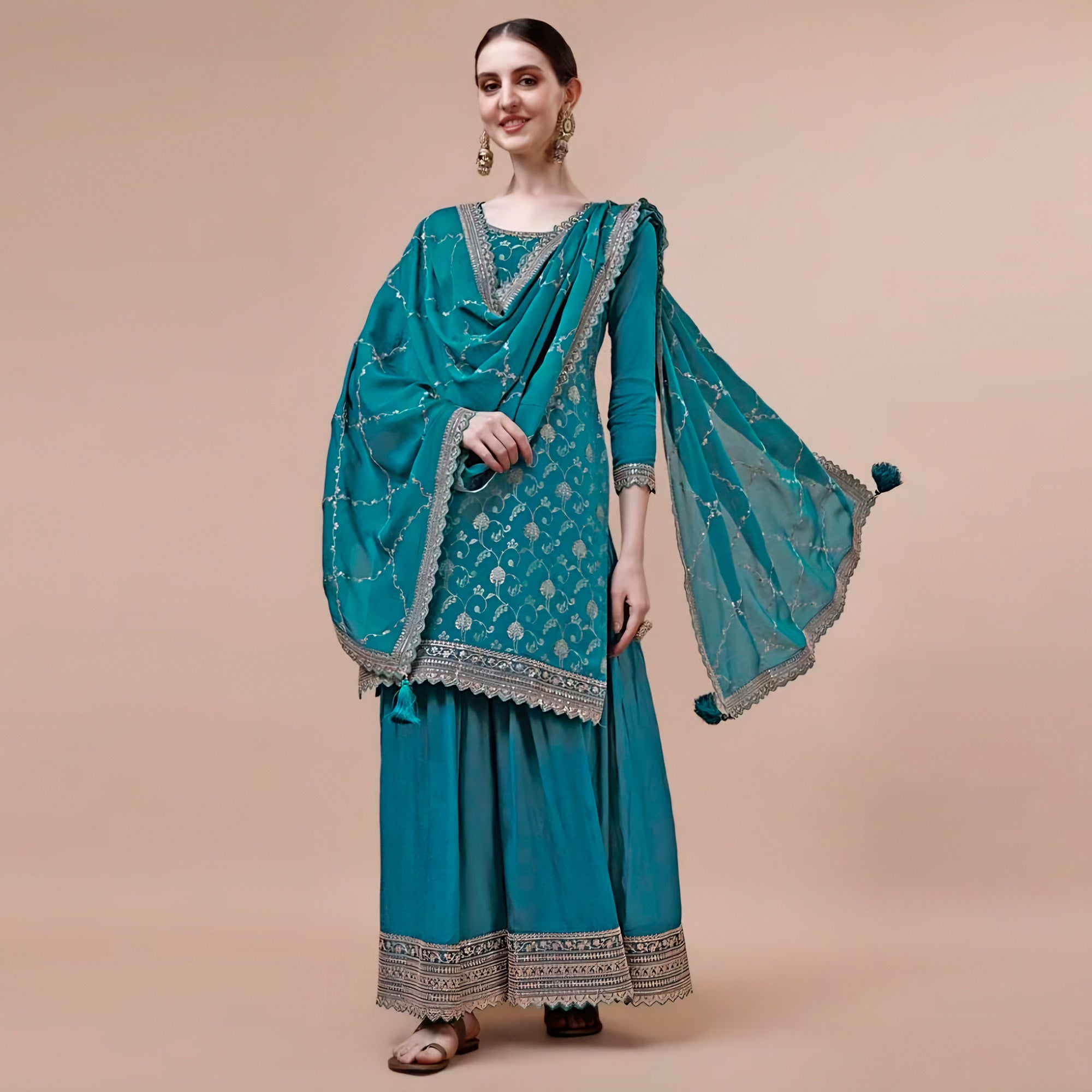 Rama Blue Floral Zari Woven Chinon Semi Stitched Dress Material