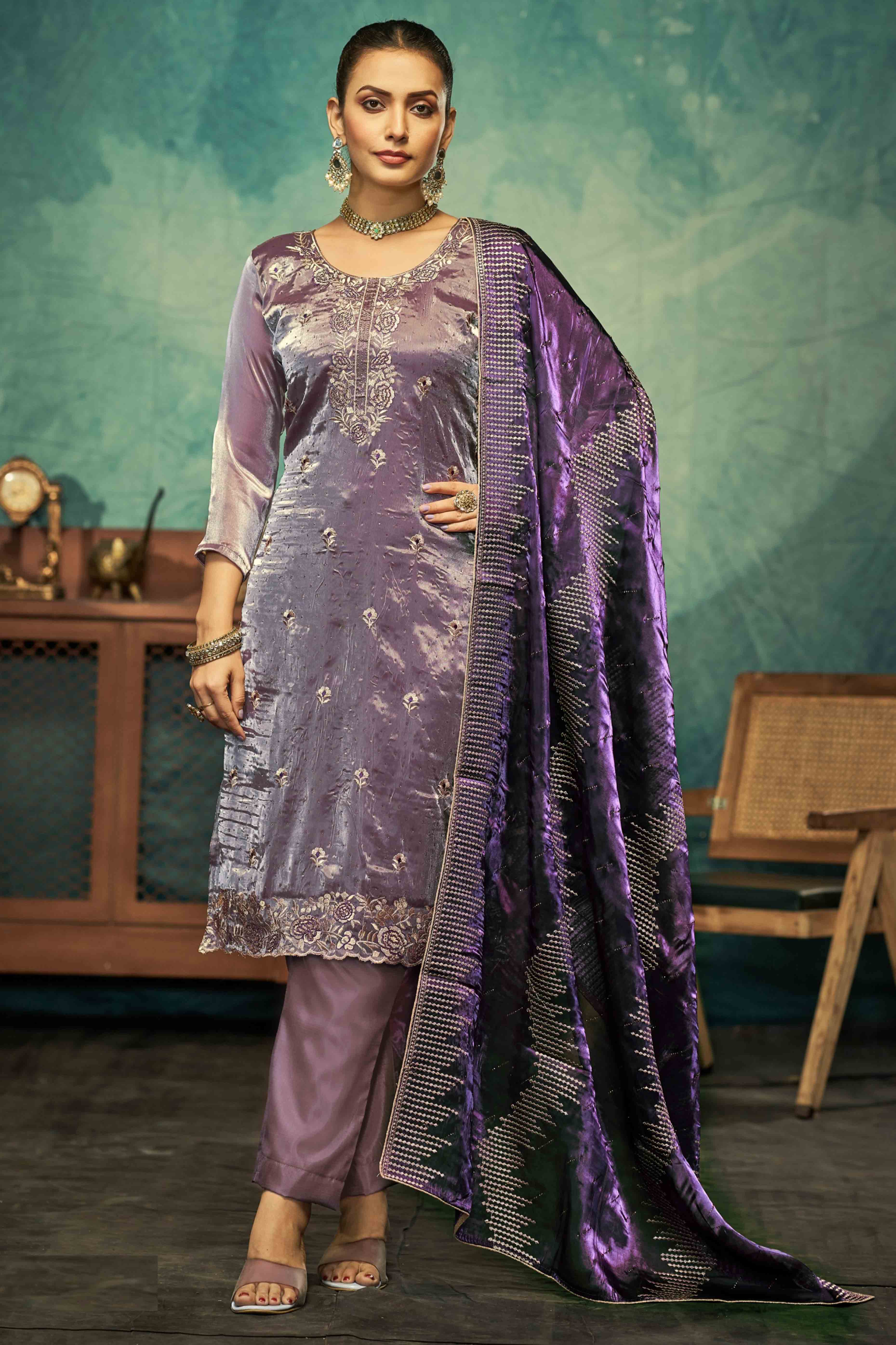 Purple Floral Embroidery With Swarovski Work Jimmy Choo Tissue Semi Stitched Suit