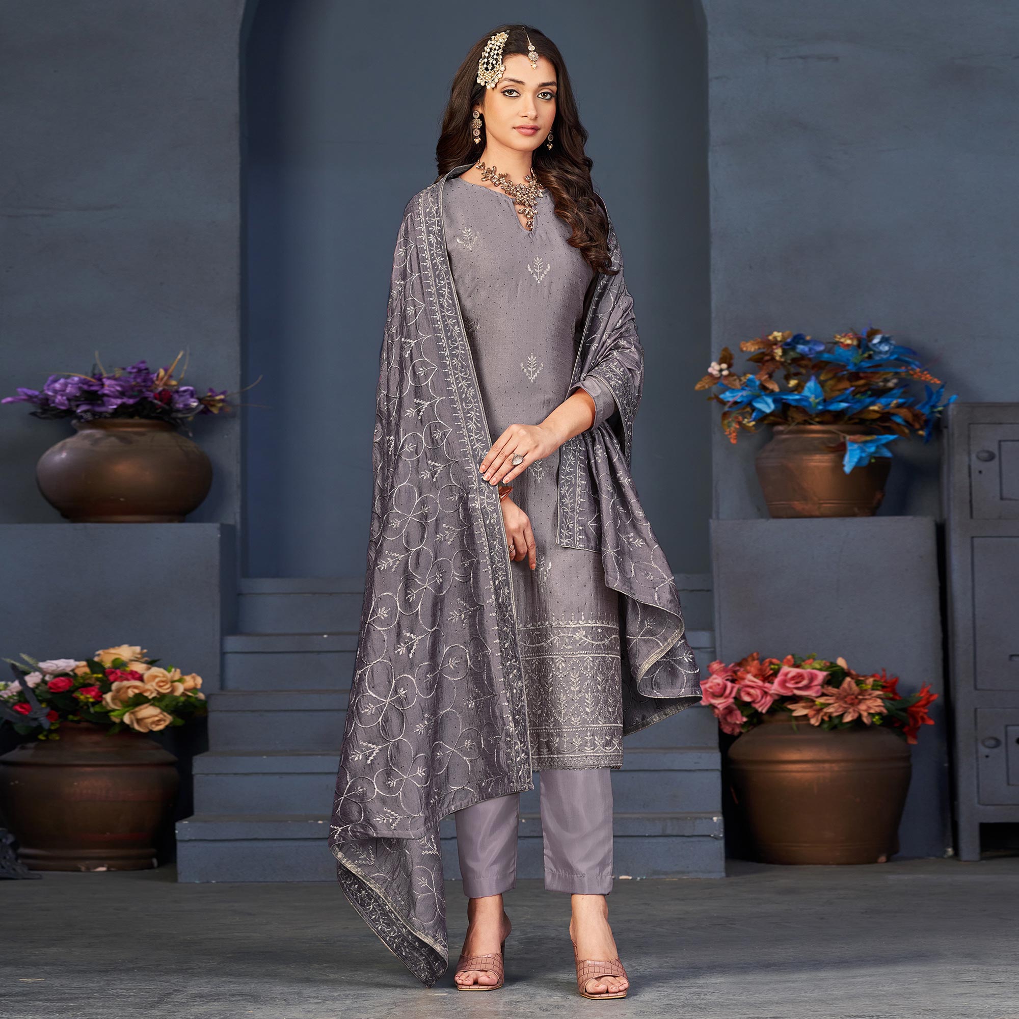 Purple Embroidered With Swarovski Work Art Silk Semi Stitched Salwar Suit