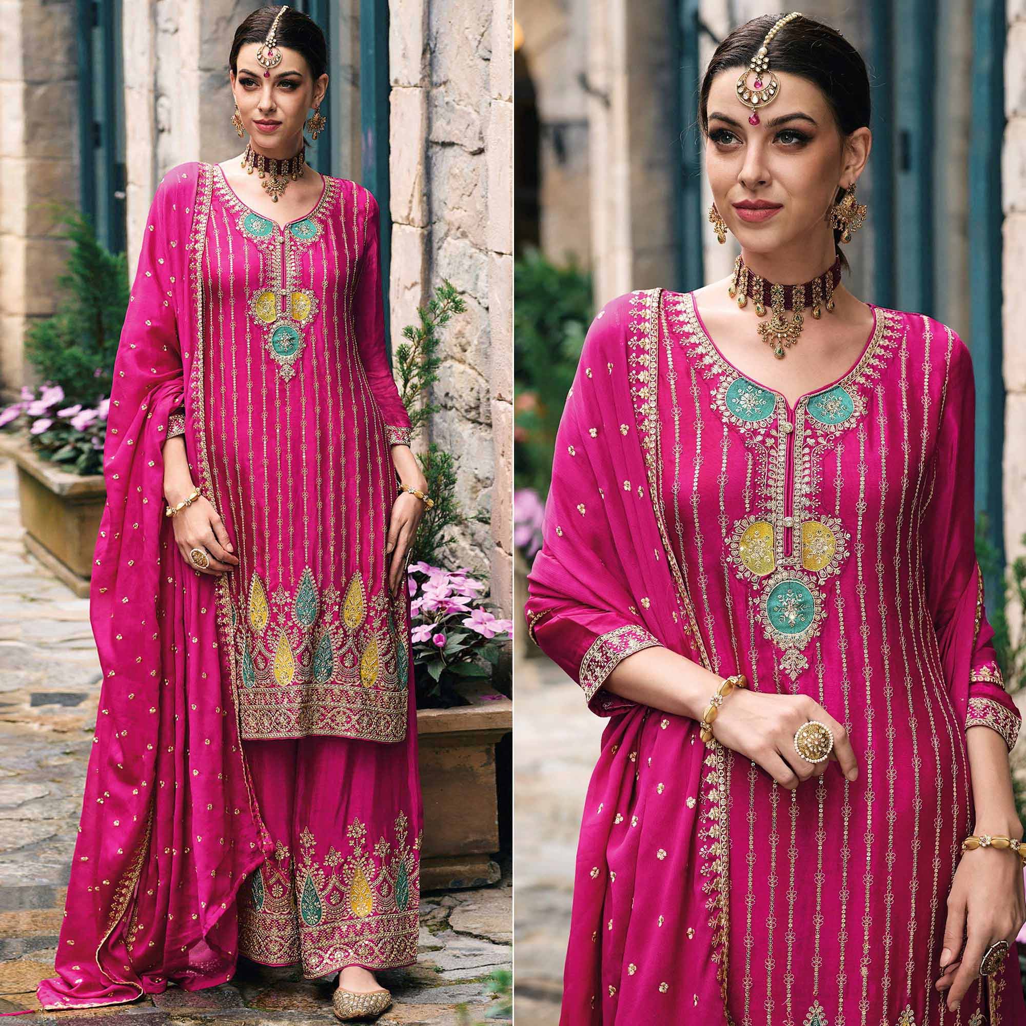 Pink Embroidered Chinon Semi Stitched Palazzo Suit