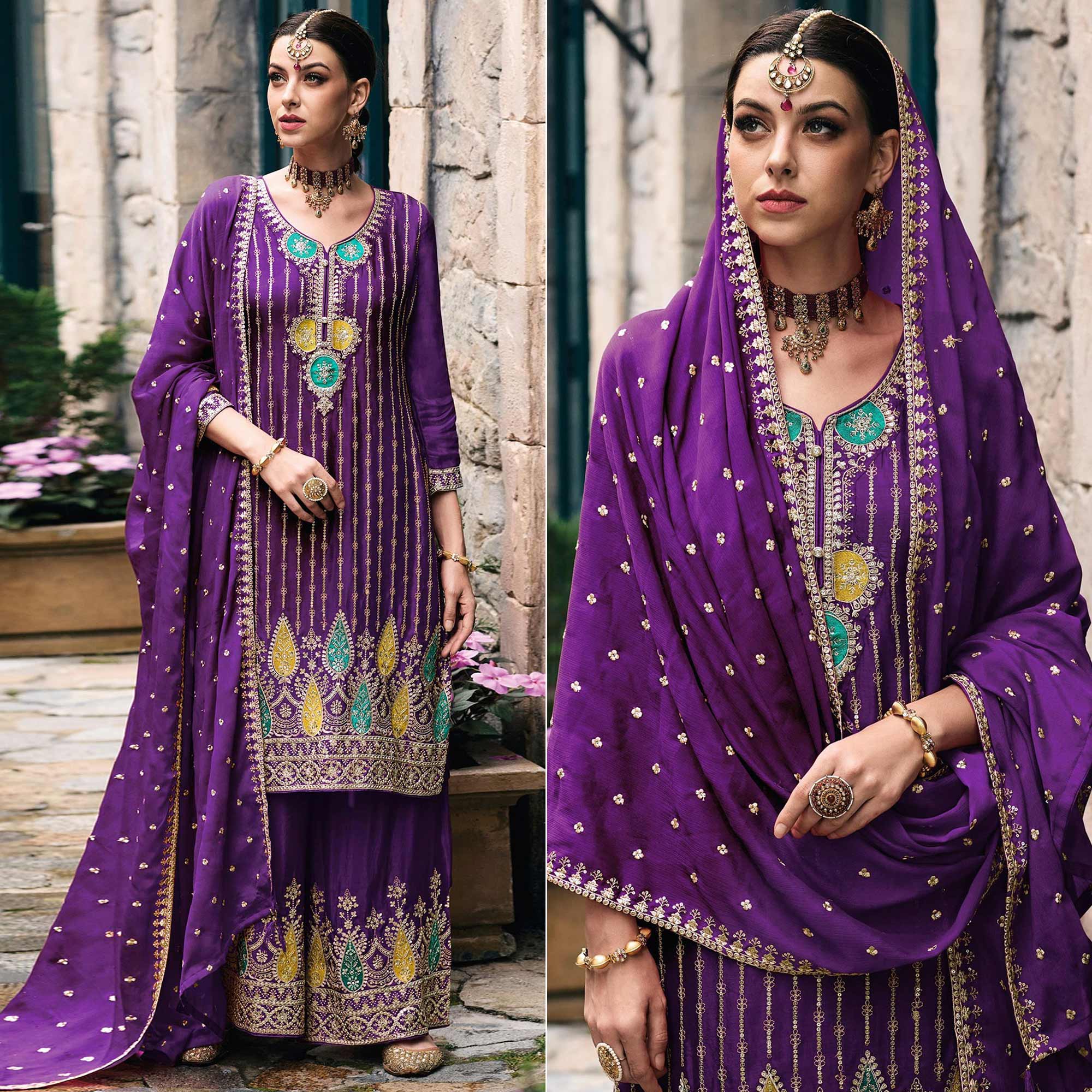 Purple Embroidered Chinon Semi Stitched Palazzo Suit
