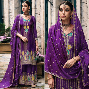 Purple Embroidered Chinon Semi Stitched Palazzo Suit