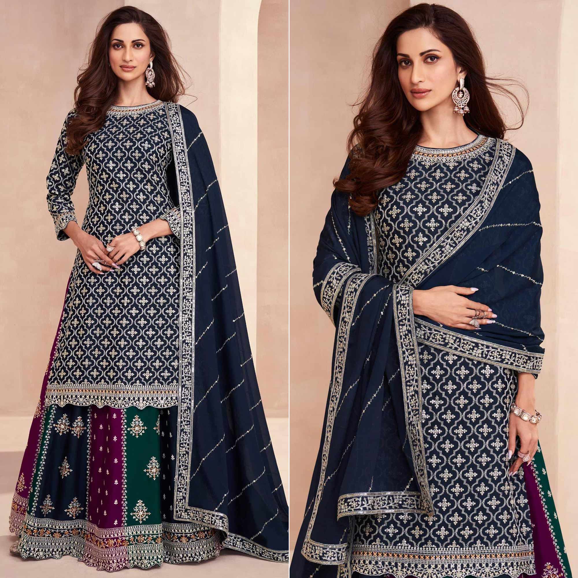 Navy Blue Embroidered Chinon Semi Stitched Sharara Suit