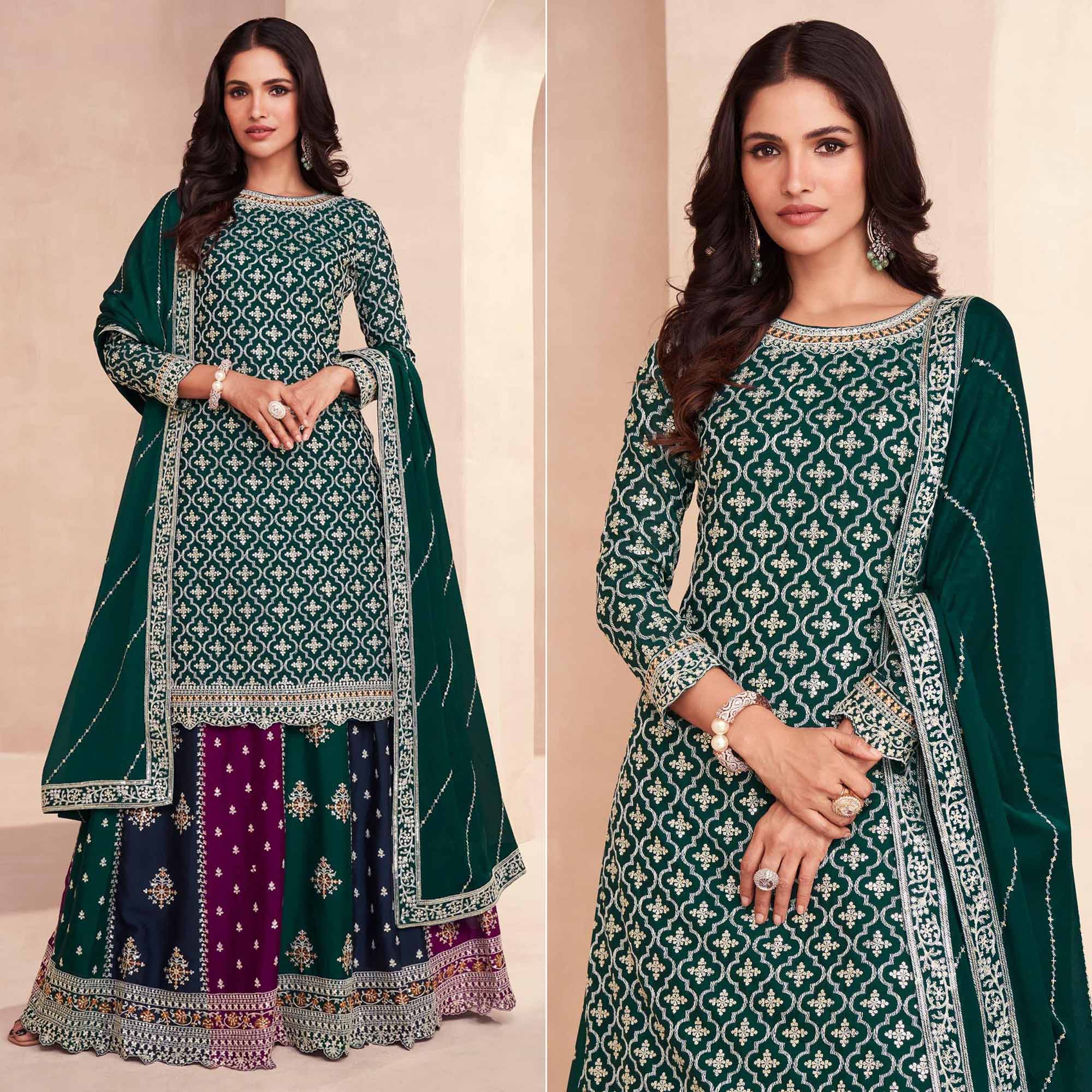 Dark Green Embroidered Chinon Semi Stitched Sharara Suit