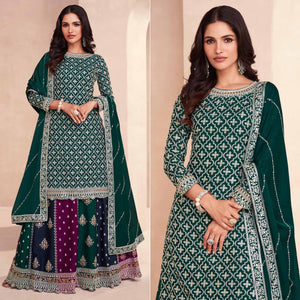 Dark Green Embroidered Chinon Semi Stitched Sharara Suit