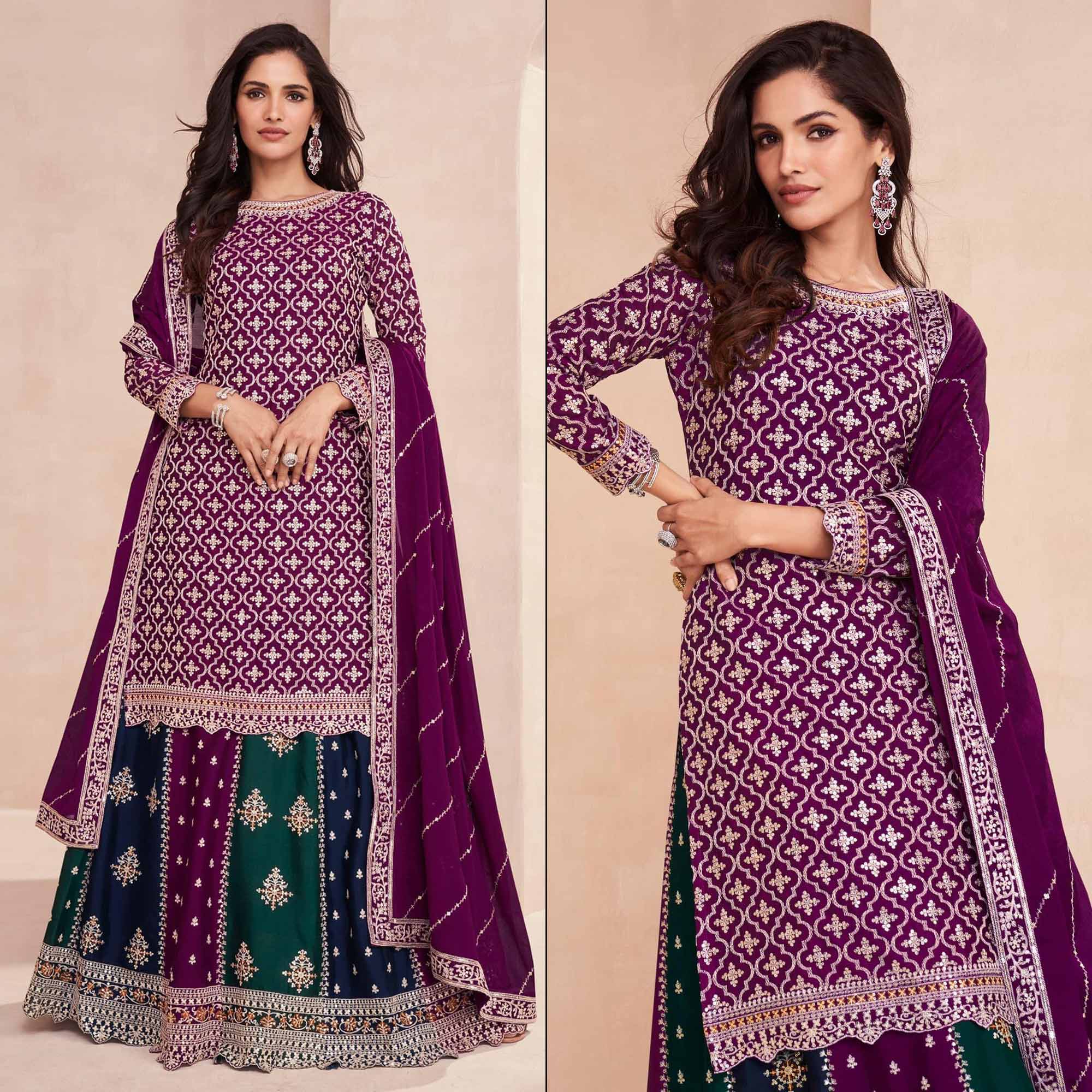 Purple Embroidered Chinon Semi Stitched Sharara Suit