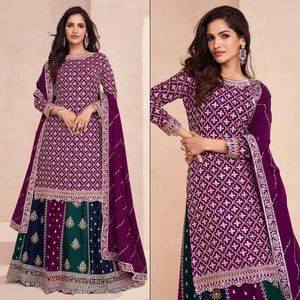 Purple Embroidered Chinon Semi Stitched Sharara Suit