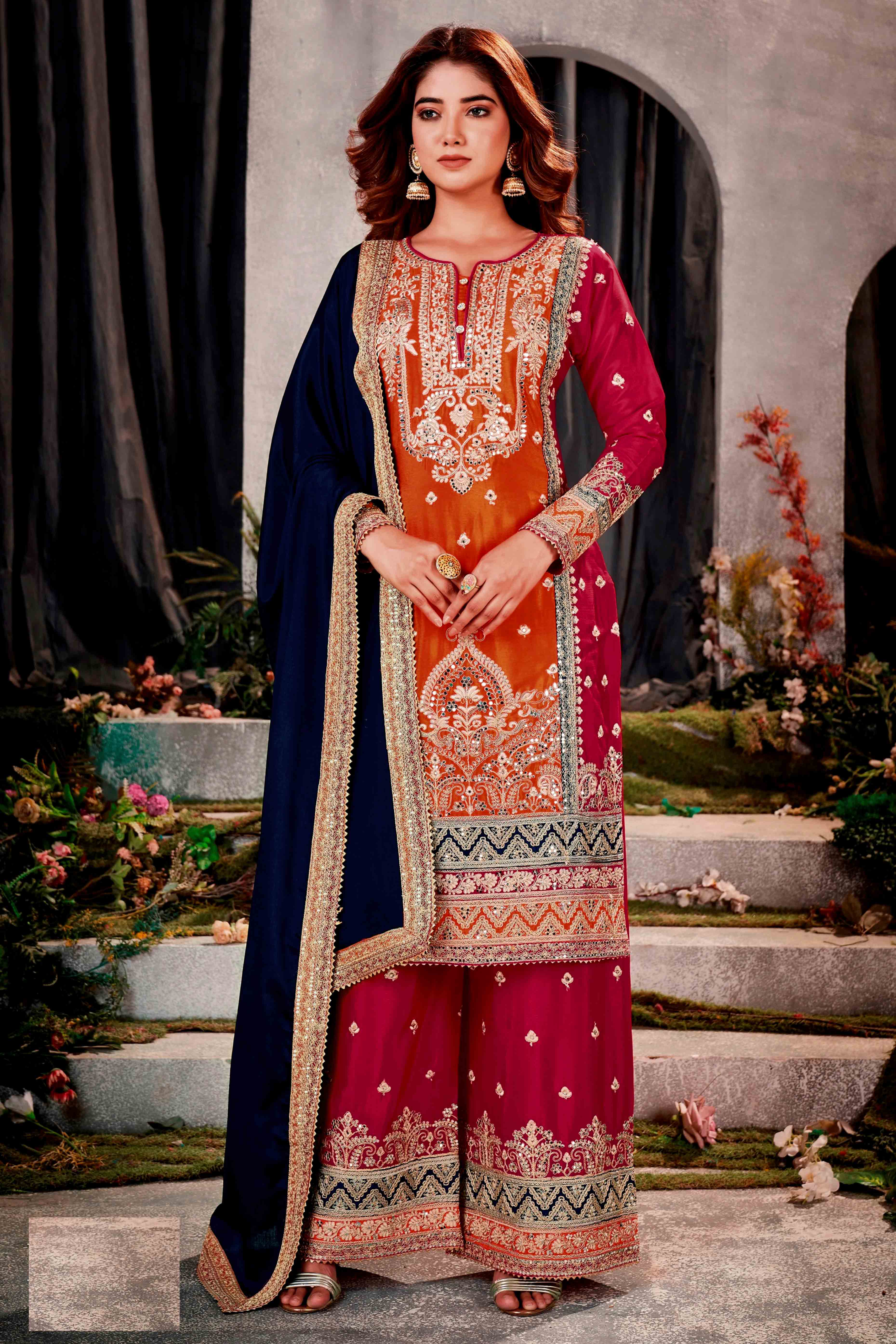 Pink & Orange Floral Sequins Embroidered Chinon Silk Semi Stitched Palazzo Suit