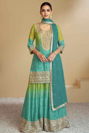 Teal Embroidered Chinon Palazzo Suit