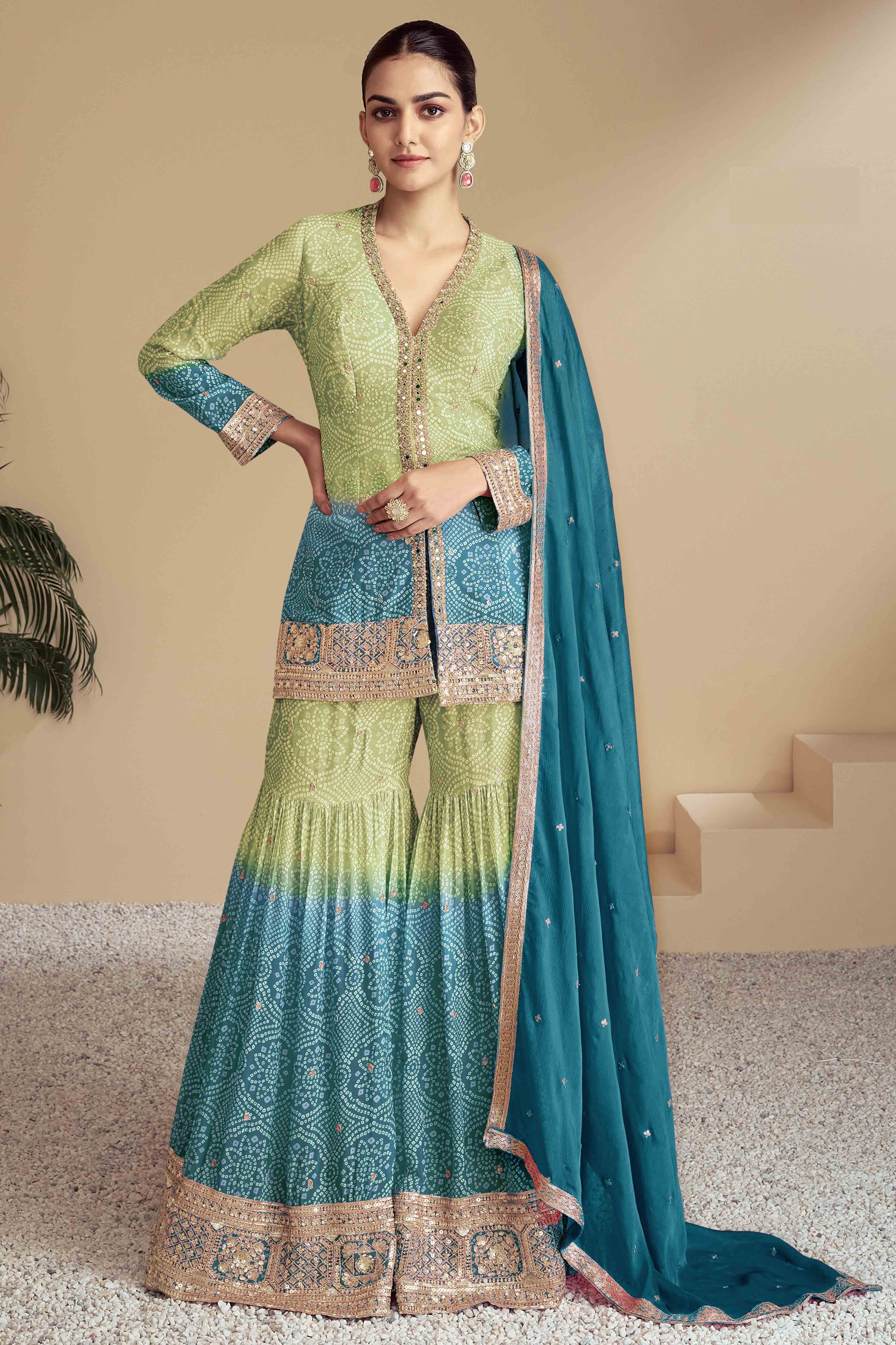Green & Blue Bandhani Print With Sequins Embroidered Chinon Palazzo Suit