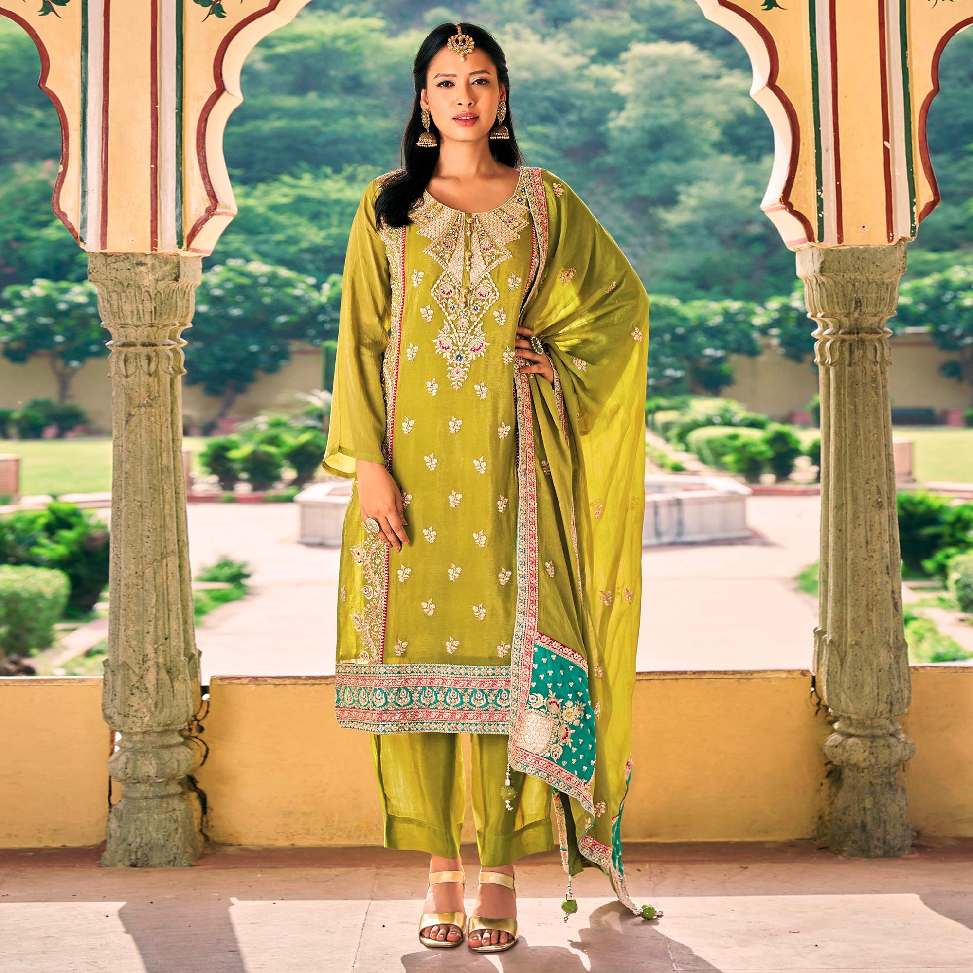 Mustard Sequins Embroidered Chinon Semi Stitched Salwar Suit
