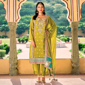 Mustard Sequins Embroidered Chinon Semi Stitched Salwar Suit