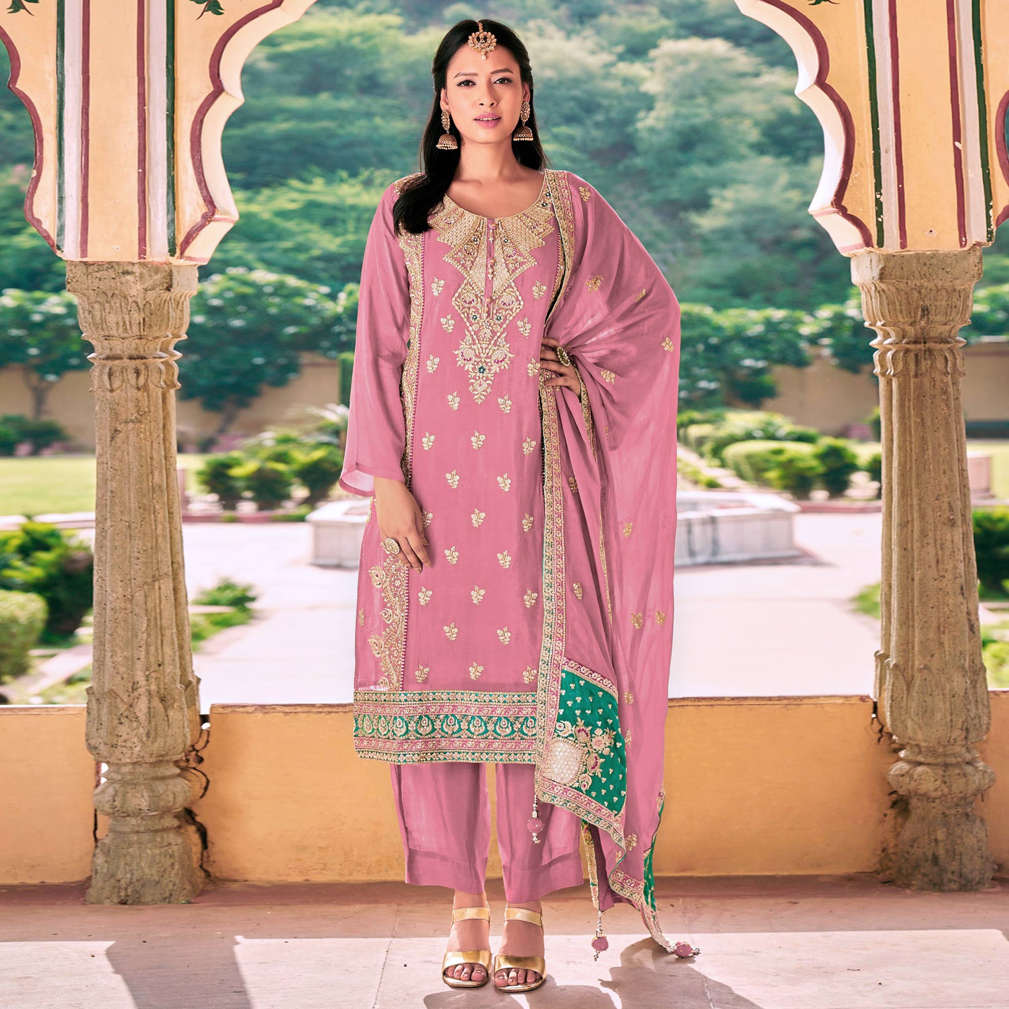 Pink Sequins Embroidered Chinon Semi Stitched Salwar Suit