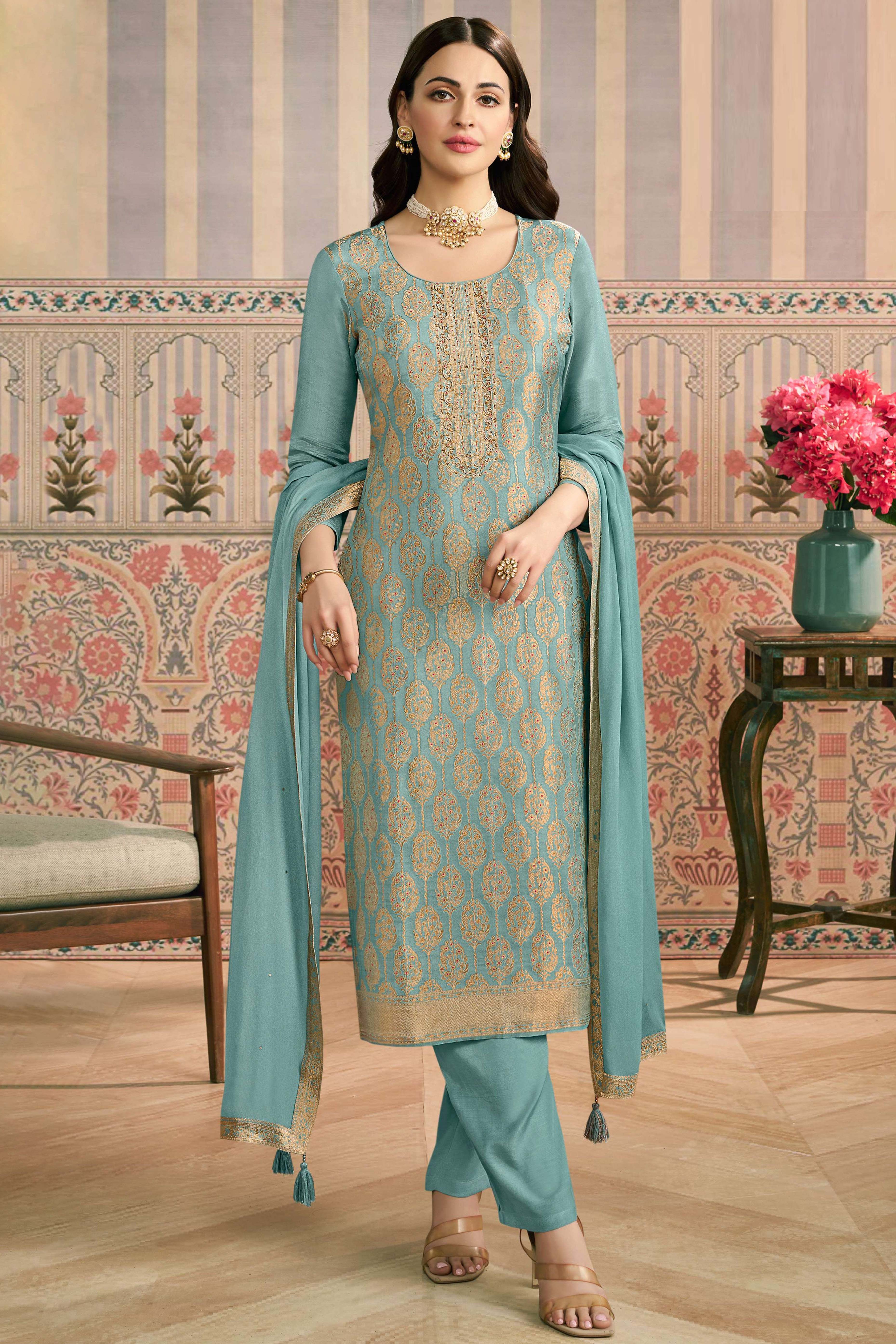 Turquoise Pakistani Embroidered Viscose Semi-Stitched Suit Material with Dupatta