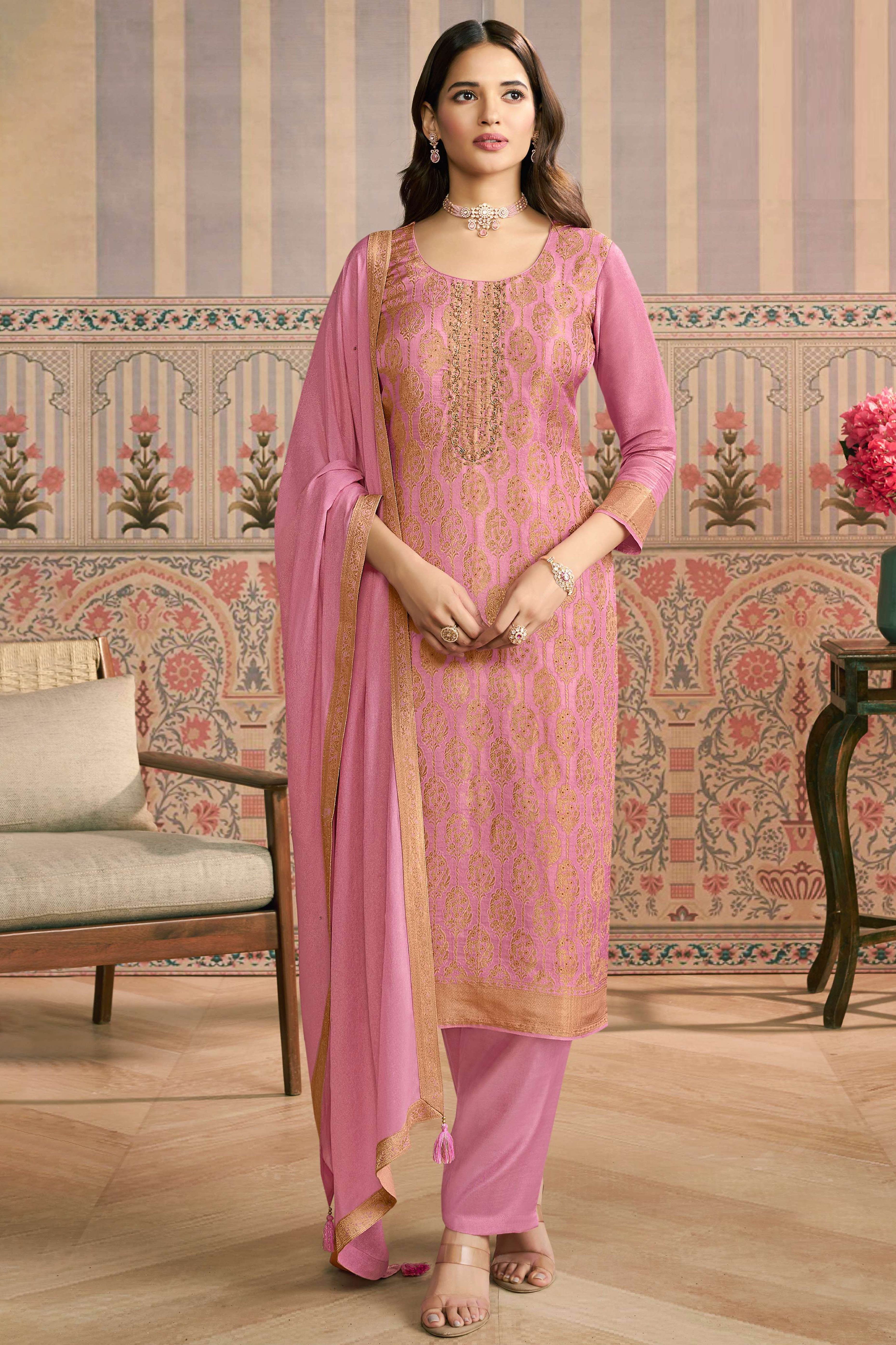 Pink Pakistani Embroidered Viscose Semi-Stitched Suit Material with Dupatta