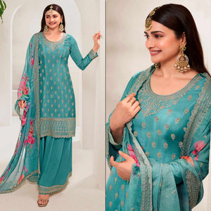 Teal Embroidered Chinon Semi Stitched Dress Material With Palazzo