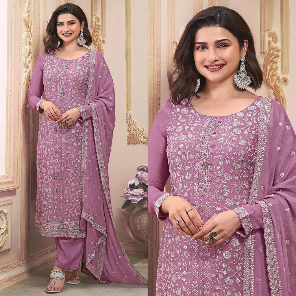 Purple Readymade Embroidered Chinon Silk Suit main image 0