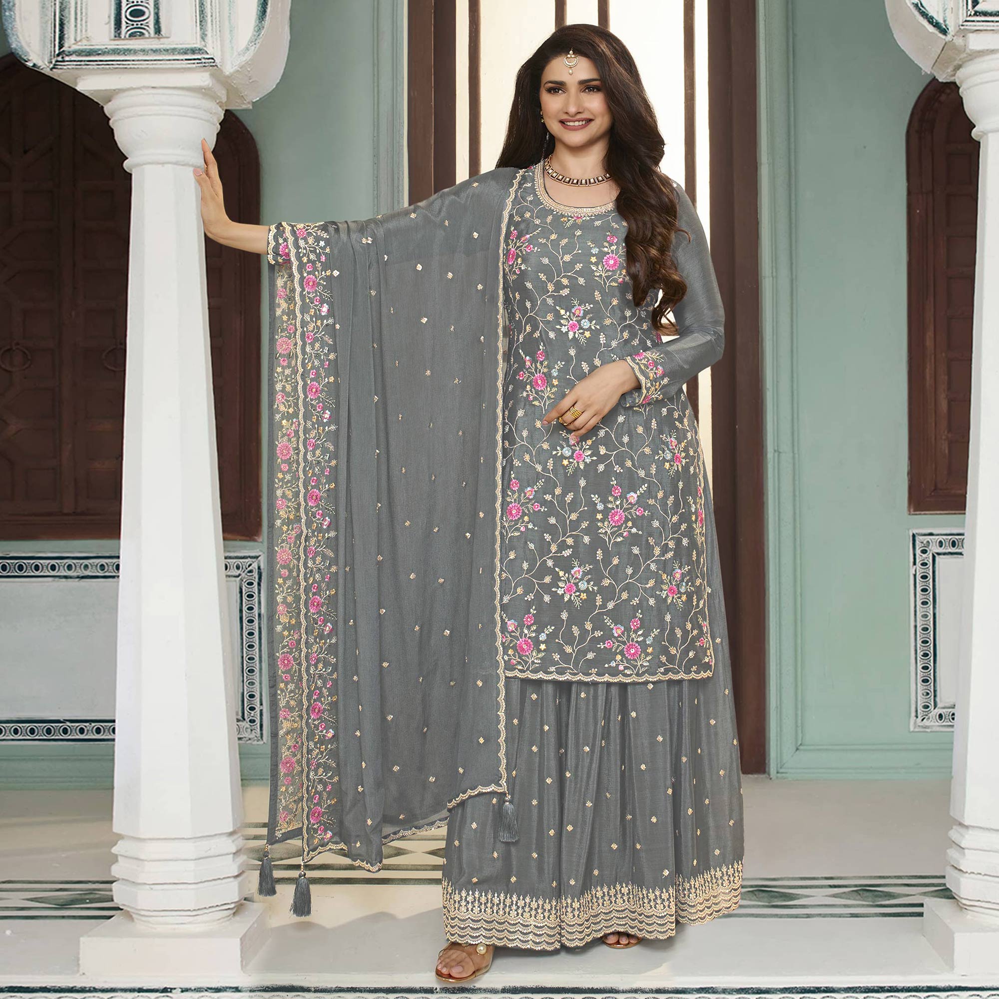Grey Floral Embroidered Chinon Sharara Salwar Suit