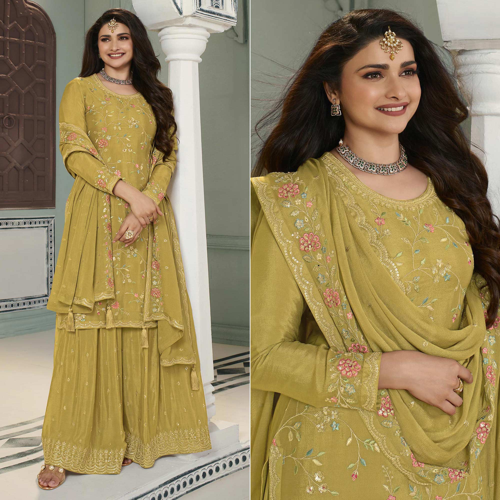 Mustard Floral Embroidered Chinon Sharara Salwar Suit