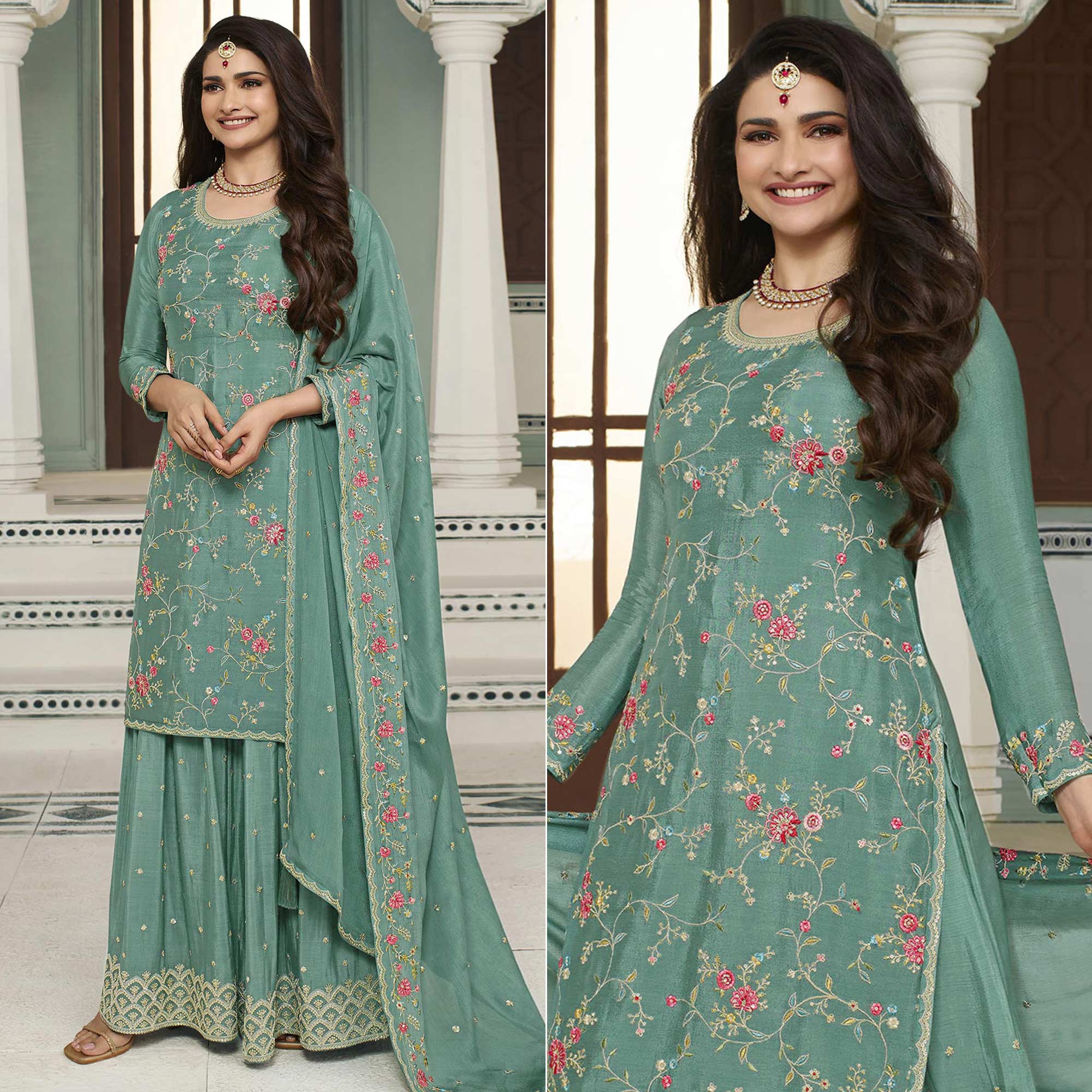Dusty Green Floral Embroidered Chinon Sharara Salwar Suit
