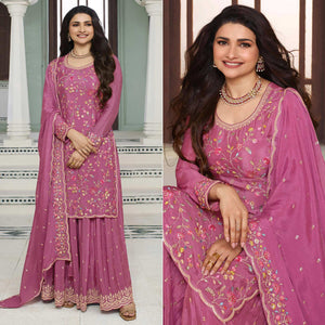 Dark Mauve Floral Embroidered Chinon Sharara Salwar Suit