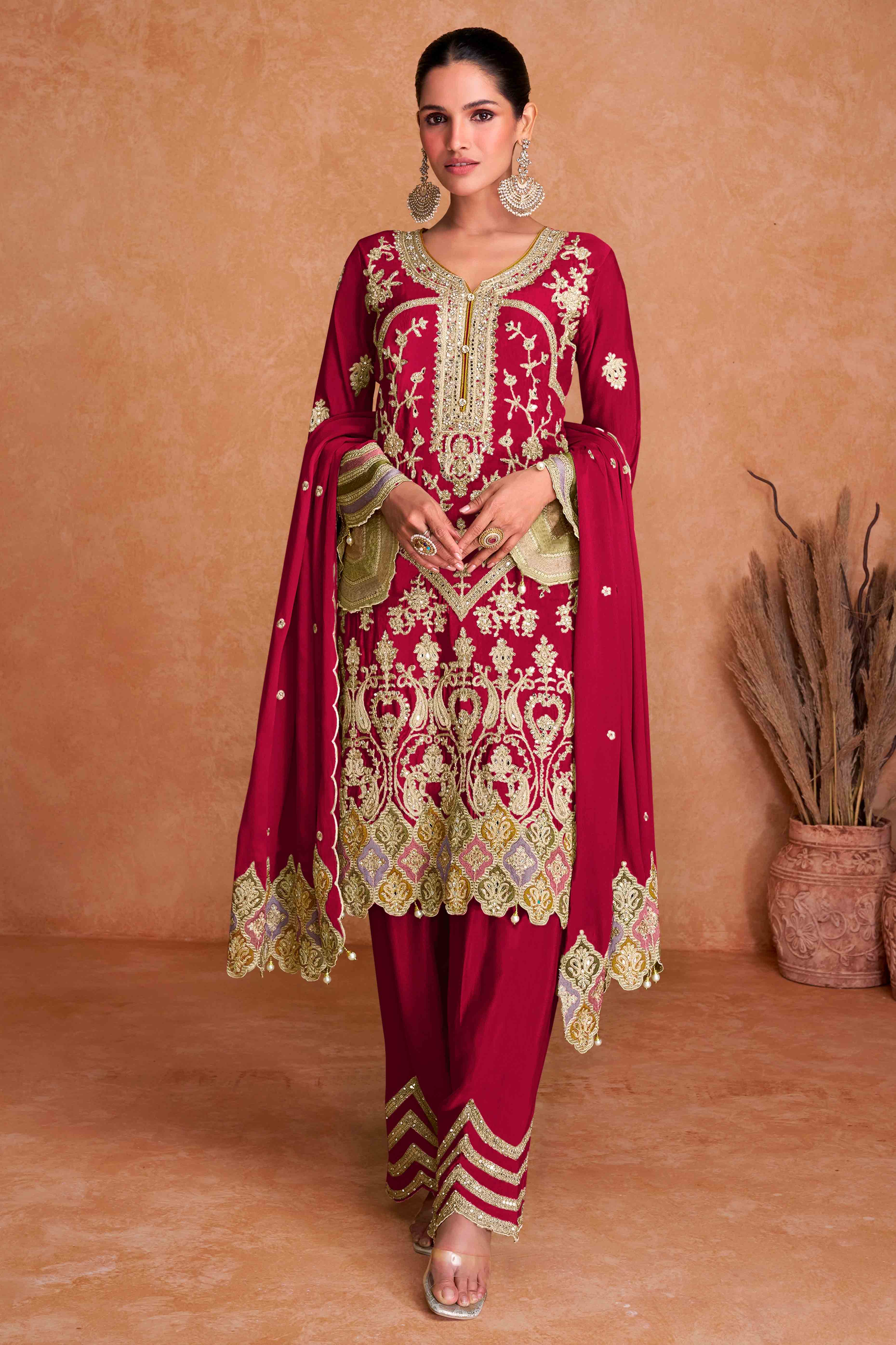 Red Floral Sequins Embroidered Chinon Palazzo Suit