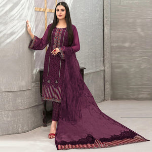 Purple Embroidered Georgette Semi Stitched Pakistani Suit