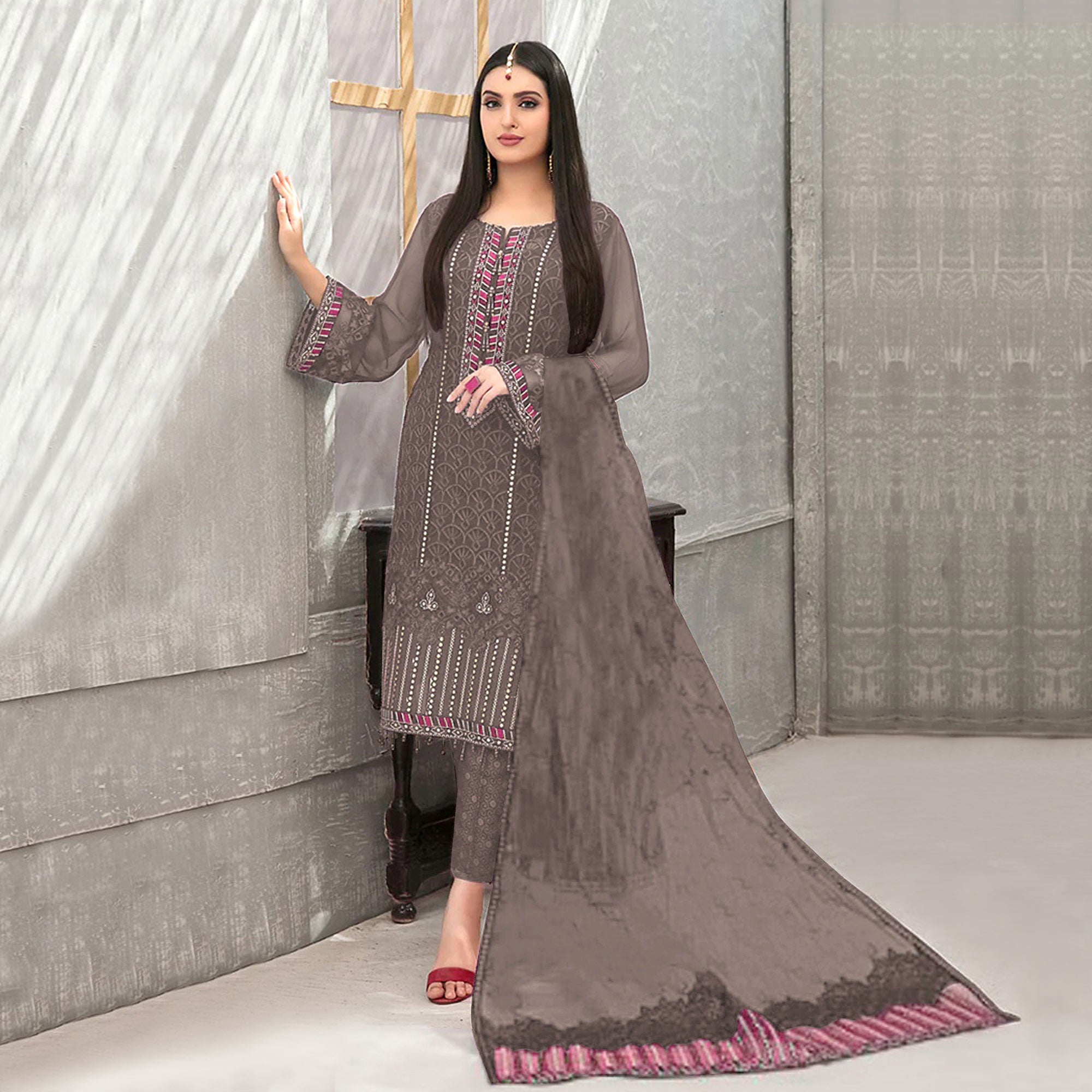 Brown Embroidered Georgette Semi Stitched Pakistani Suit