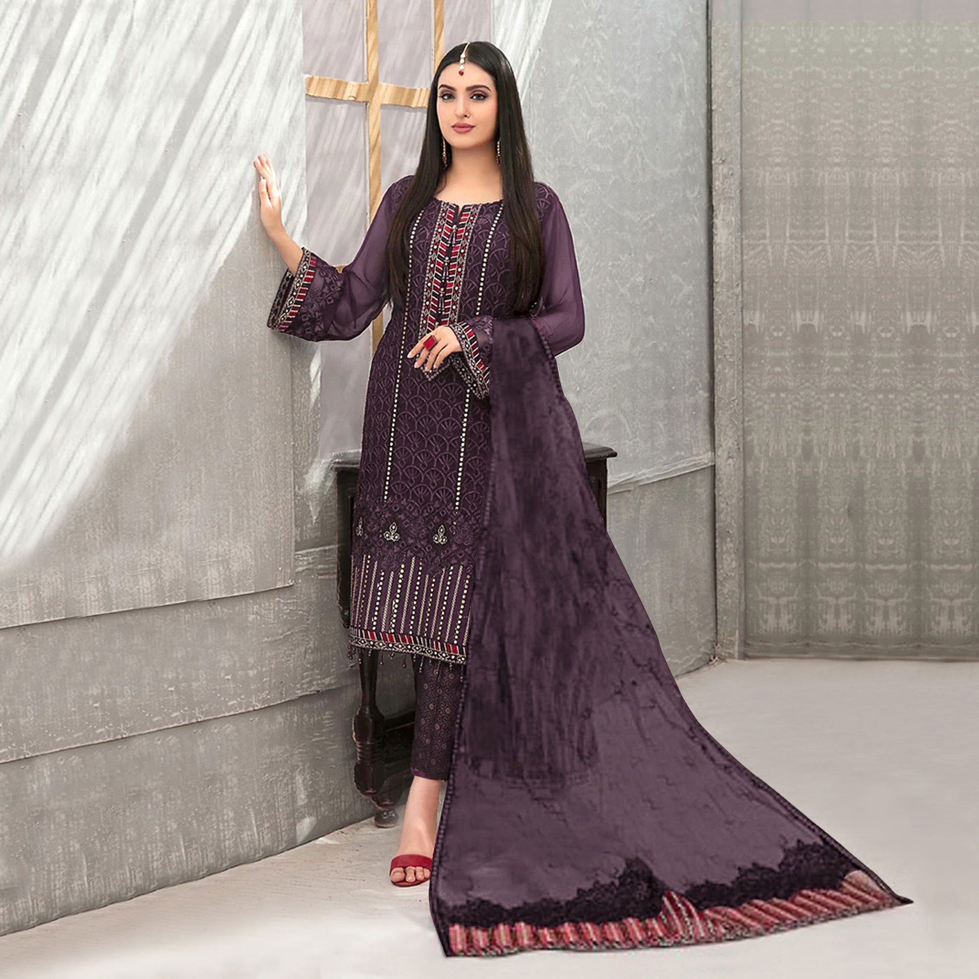 Wine Embroidered Georgette Semi Stitched Pakistani Suit