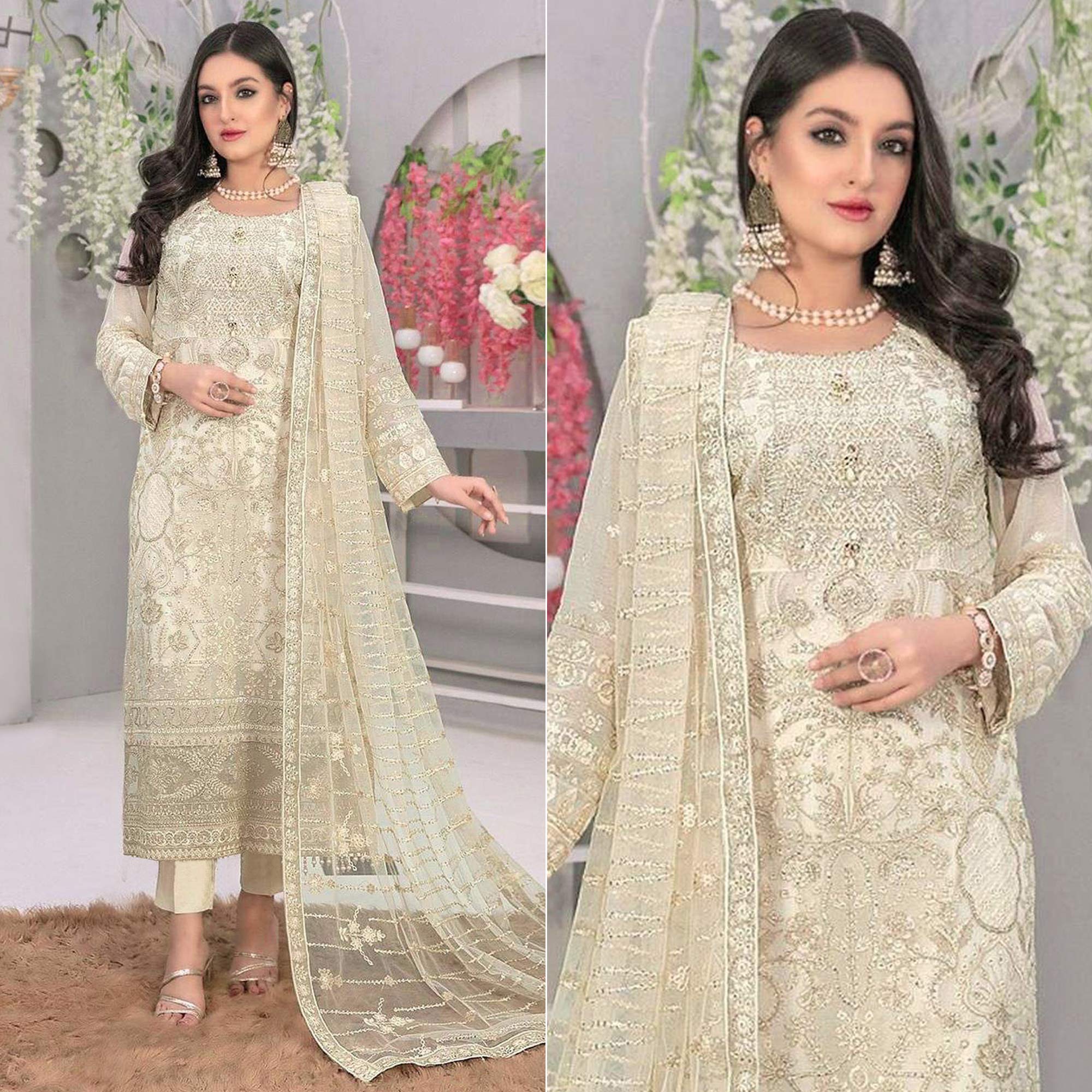 Cream Embroidered Georgette Semi Stitched Pakistani Suit