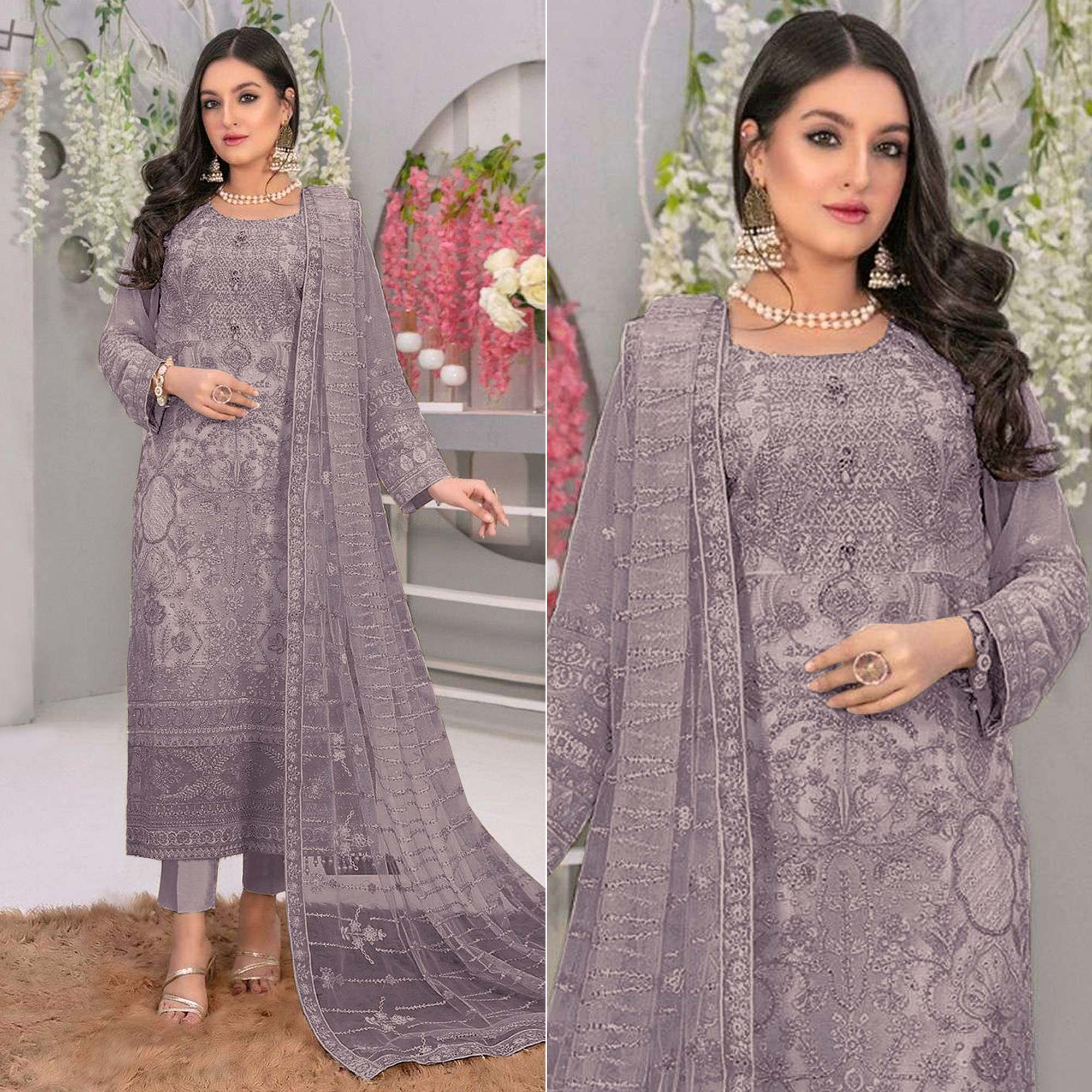 Grey Embroidered Georgette Semi Stitched Pakistani Suit