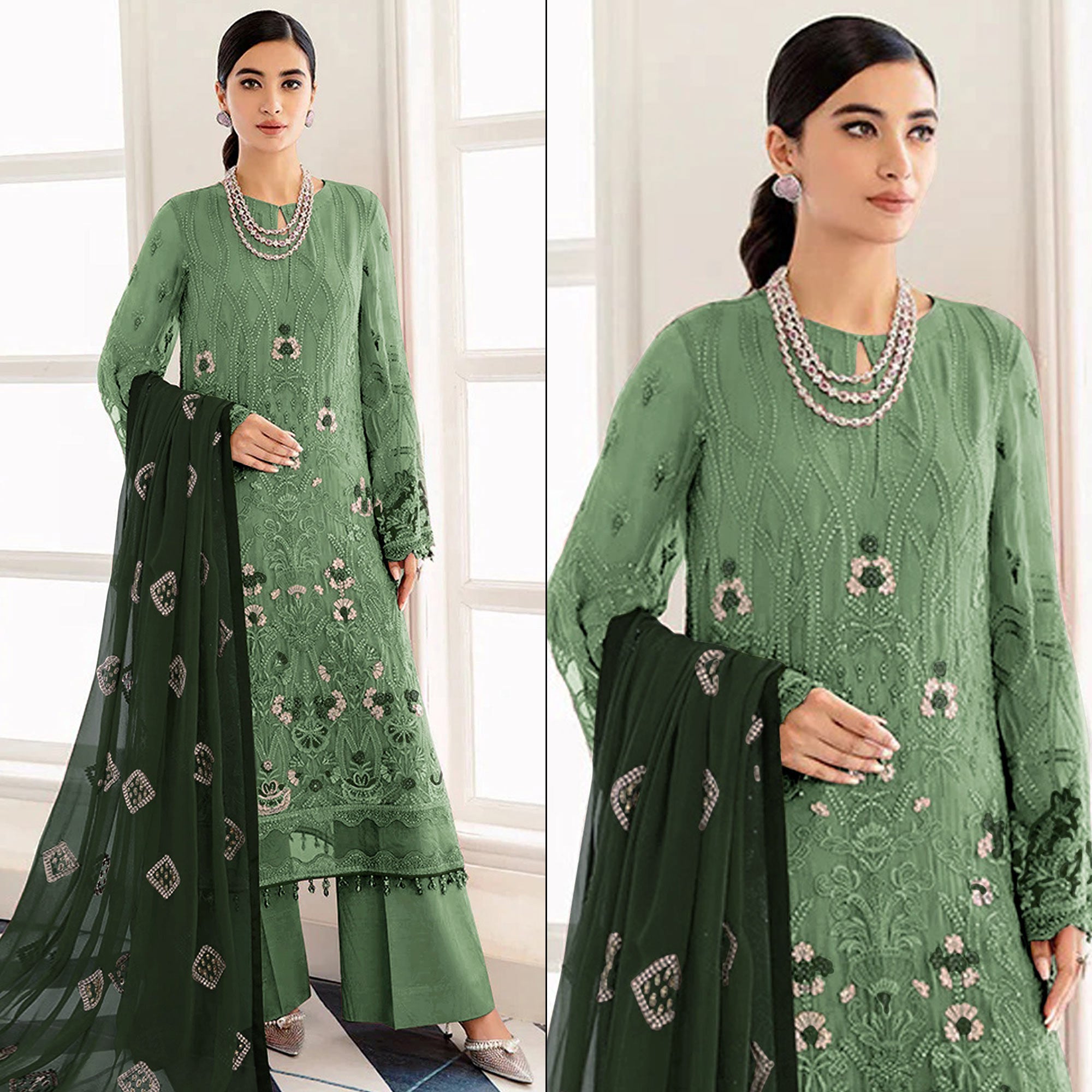 Green Embroidered Georgette Semi Stitched Pakistani Suit