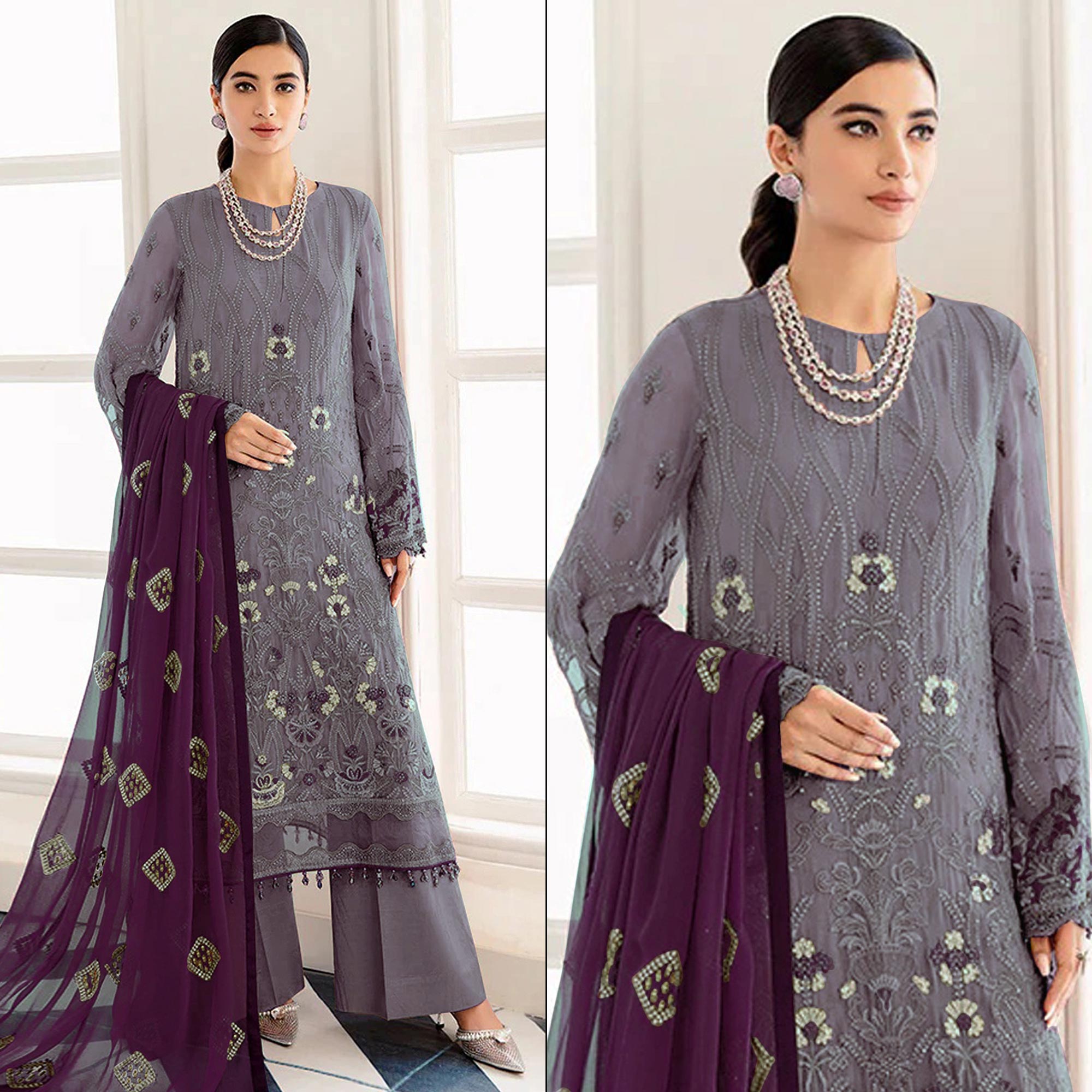 Purple Embroidered Georgette Semi Stitched Pakistani Suit