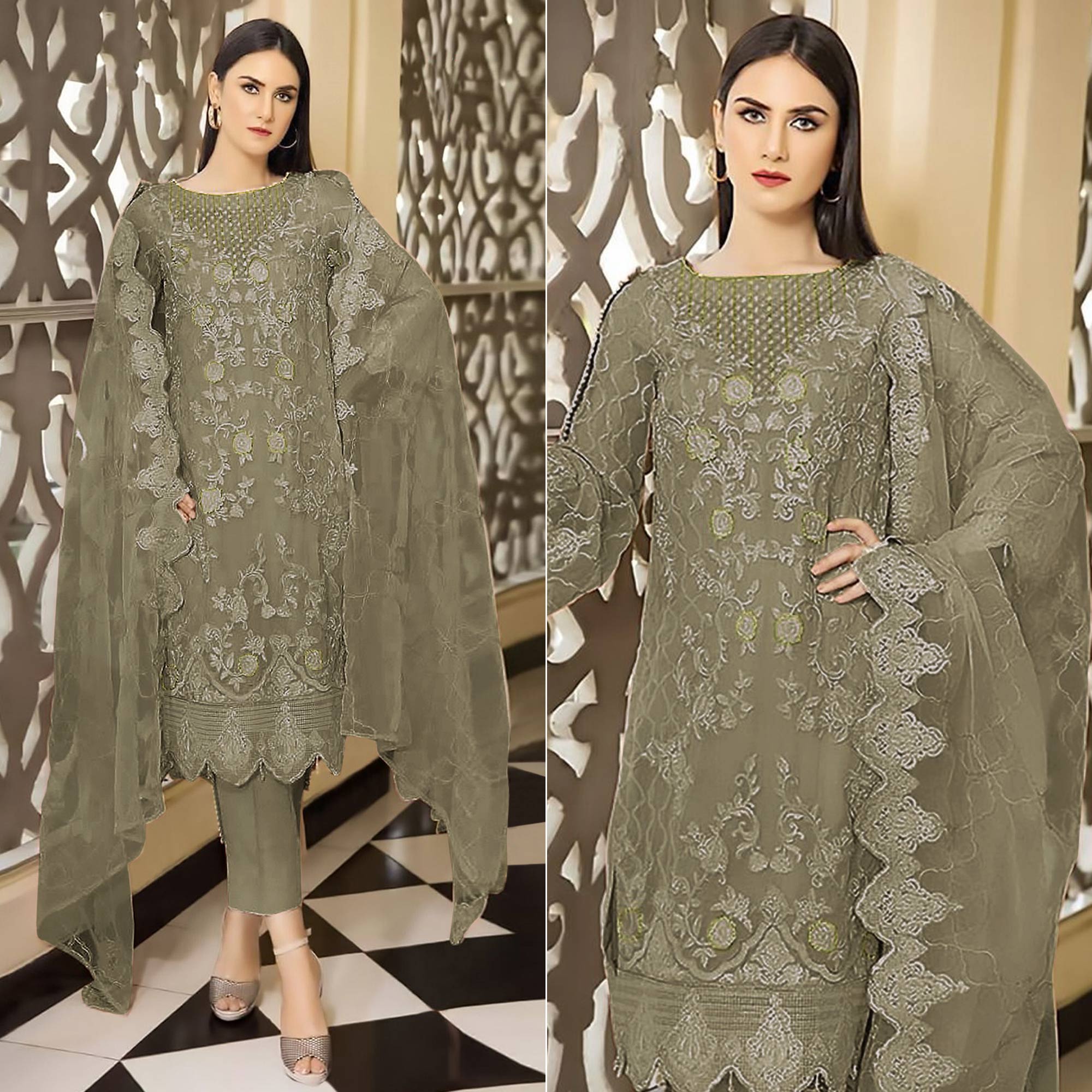 Dark Beige Floral Embroidered Georgette Semi Stitched Pakistani Suit
