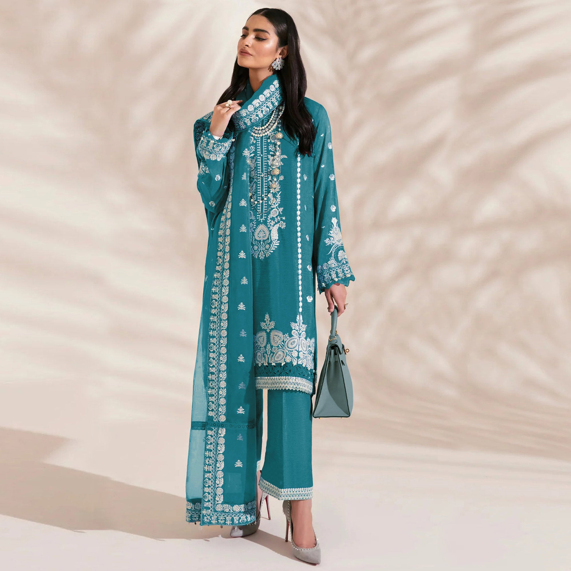 Blue Floral Embroidered Georgette Semi Stitched Pakistani Suit