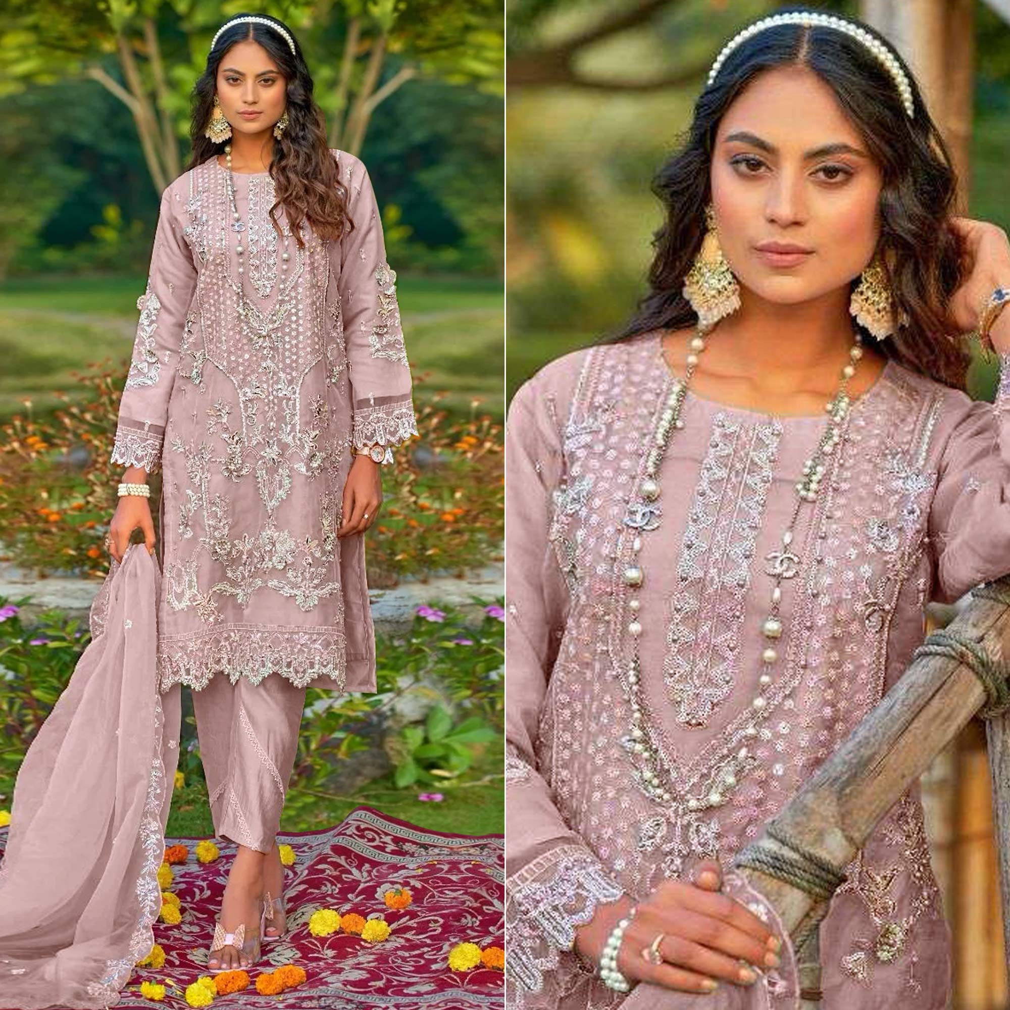 Lilac Purple Floral Embroidered Organza Semi Stitched Pakistani Suit