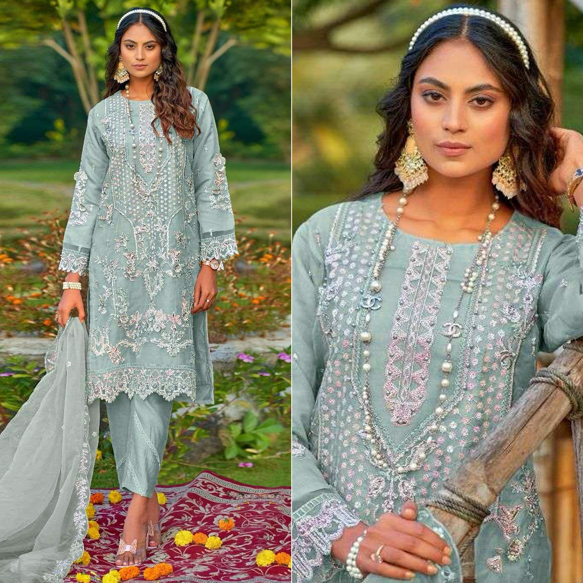 Light Turquoise Floral Embroidered Organza Semi Stitched Pakistani Suit