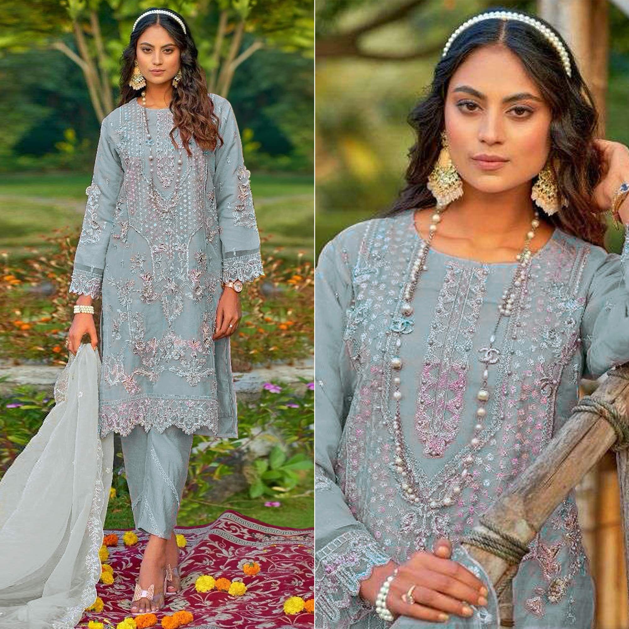 Sky Blue Floral Embroidered Organza Semi Stitched Pakistani Suit