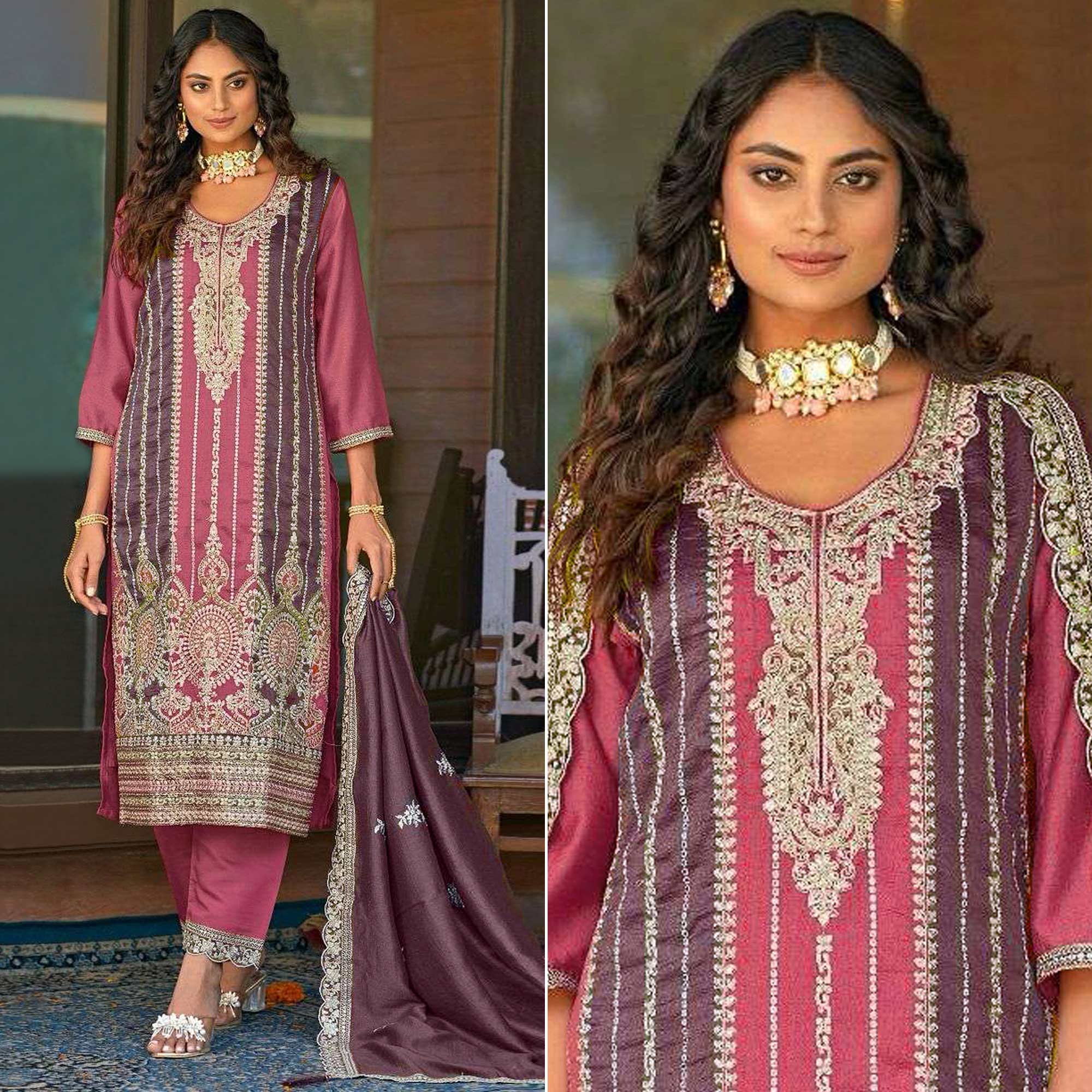 Pink Floral Embroidered Vichitra Silk Semi Stitched Pakistani Suit