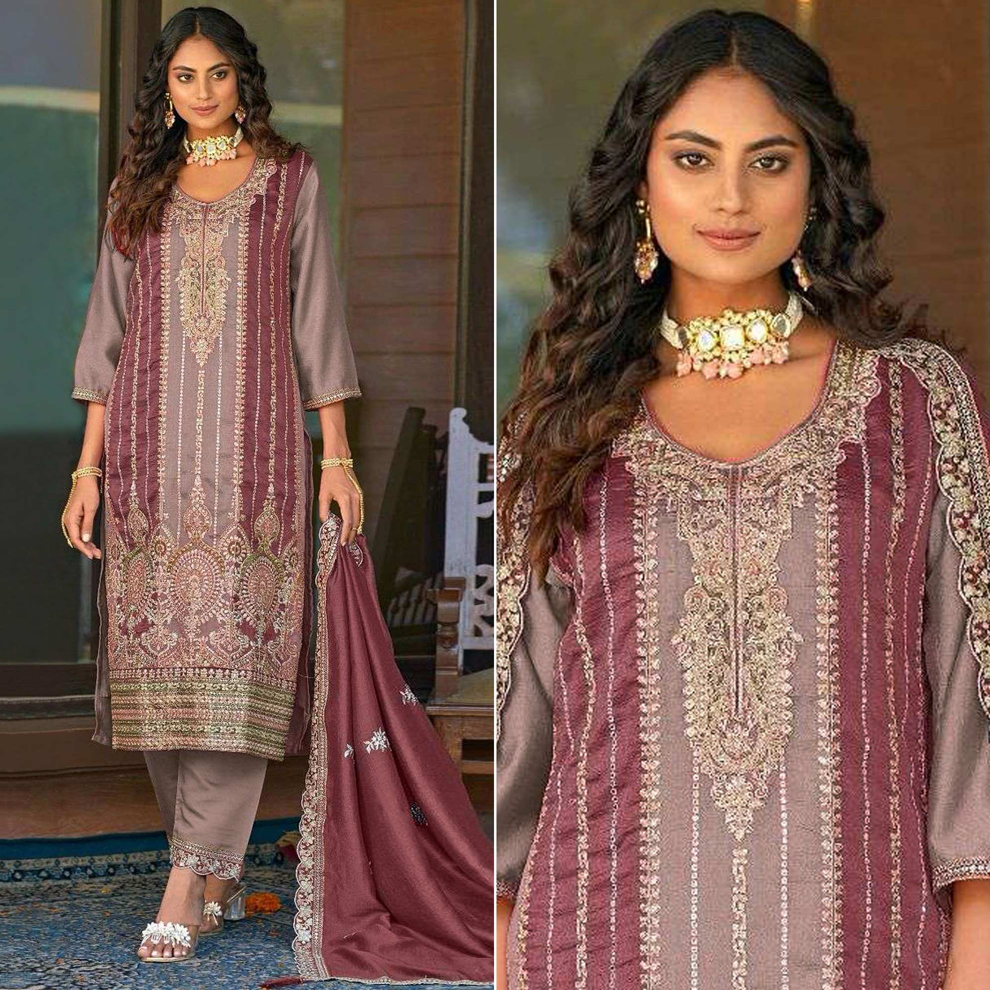 Mauve Floral Embroidered Vichitra Silk Semi Stitched Pakistani Suit