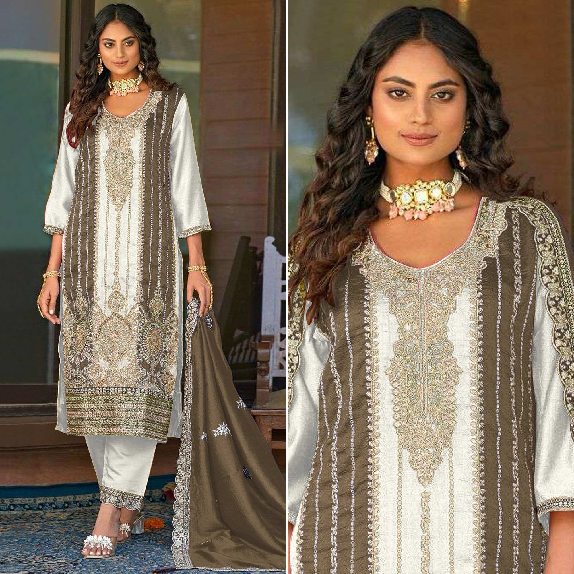 White Floral Embroidered Vichitra Silk Semi Stitched Pakistani Suit