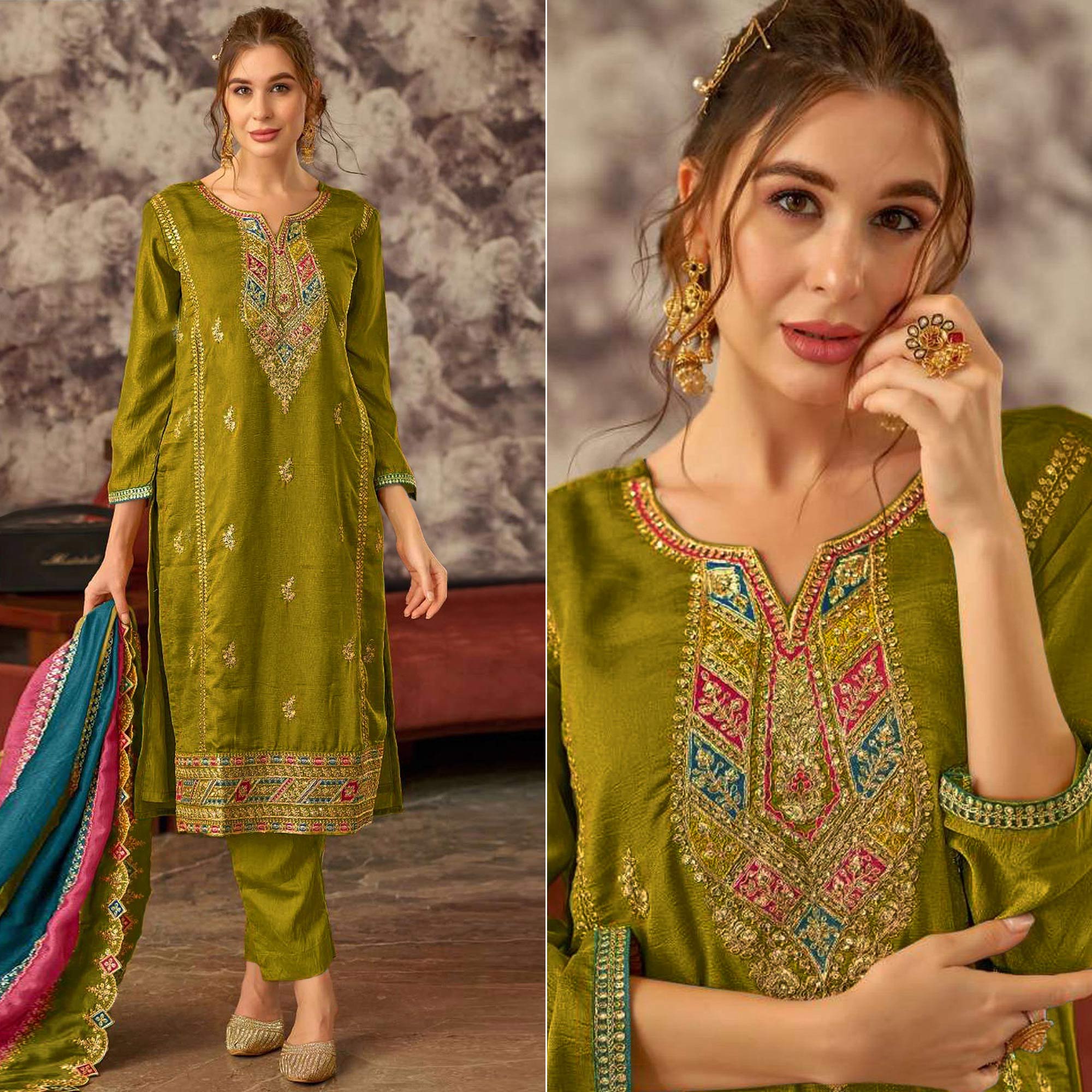 Green Floral Embroidered Vichitra Silk Semi Stitched Pakistani Dress Material