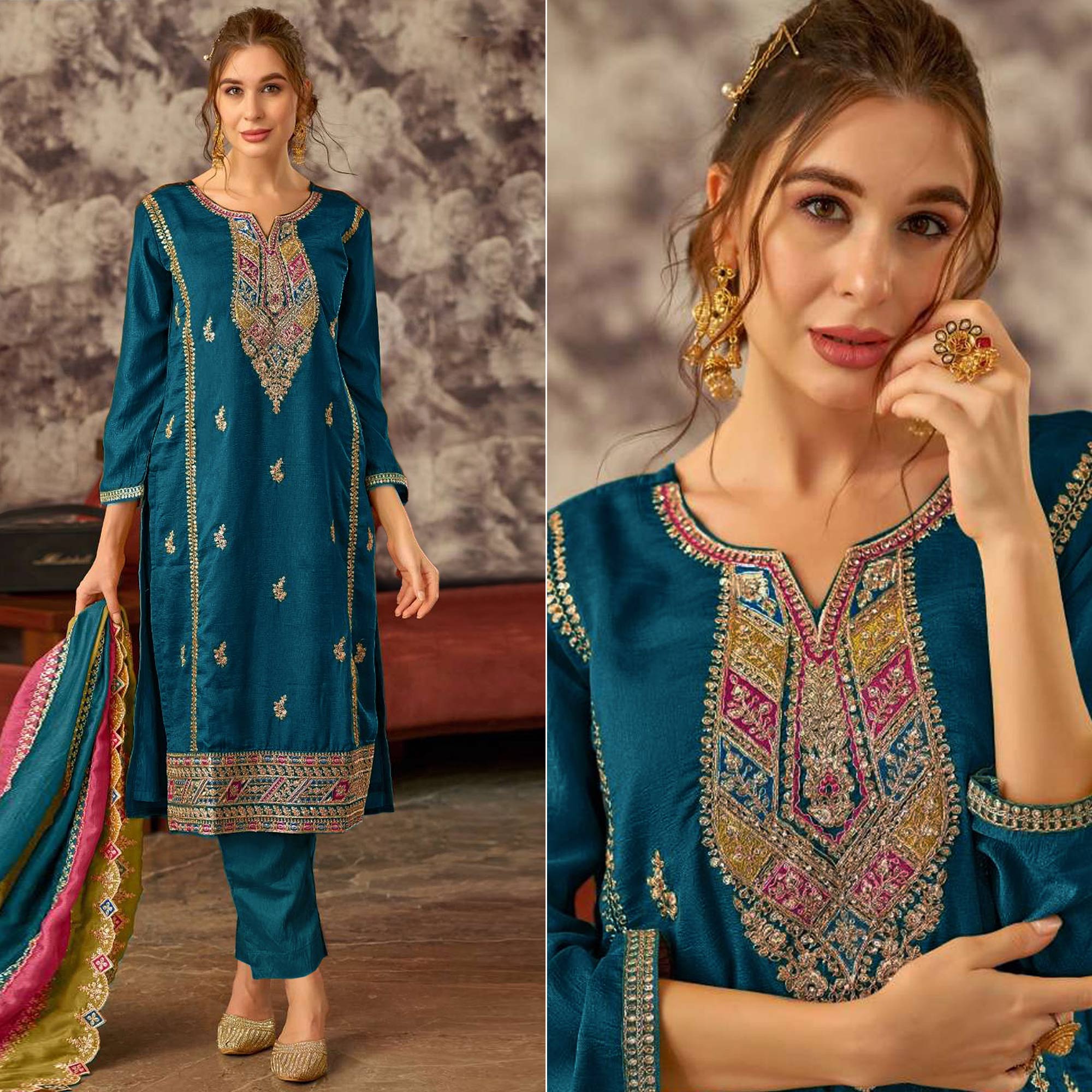 Morpich Floral Embroidered Vichitra Silk Semi Stitched Pakistani Dress Material