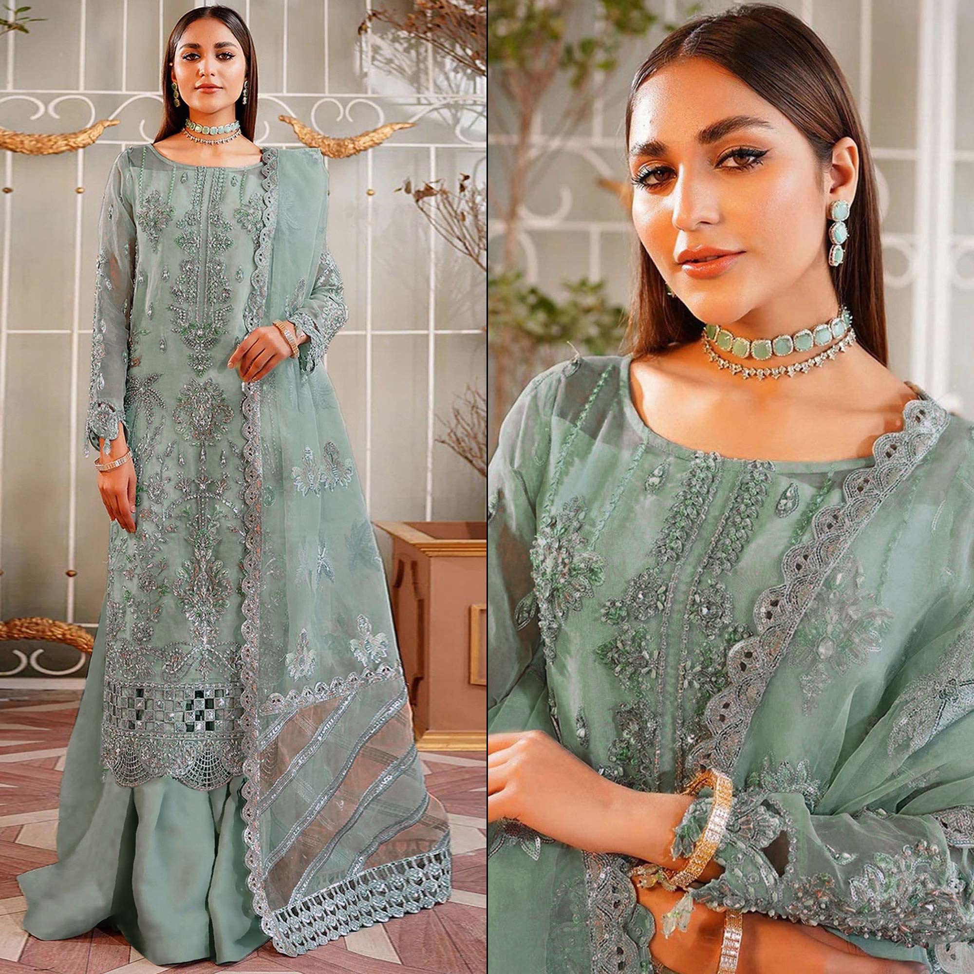 Dusty Green Floral Sequins Embroidered Organza Semi Stitched Pakistani Suit